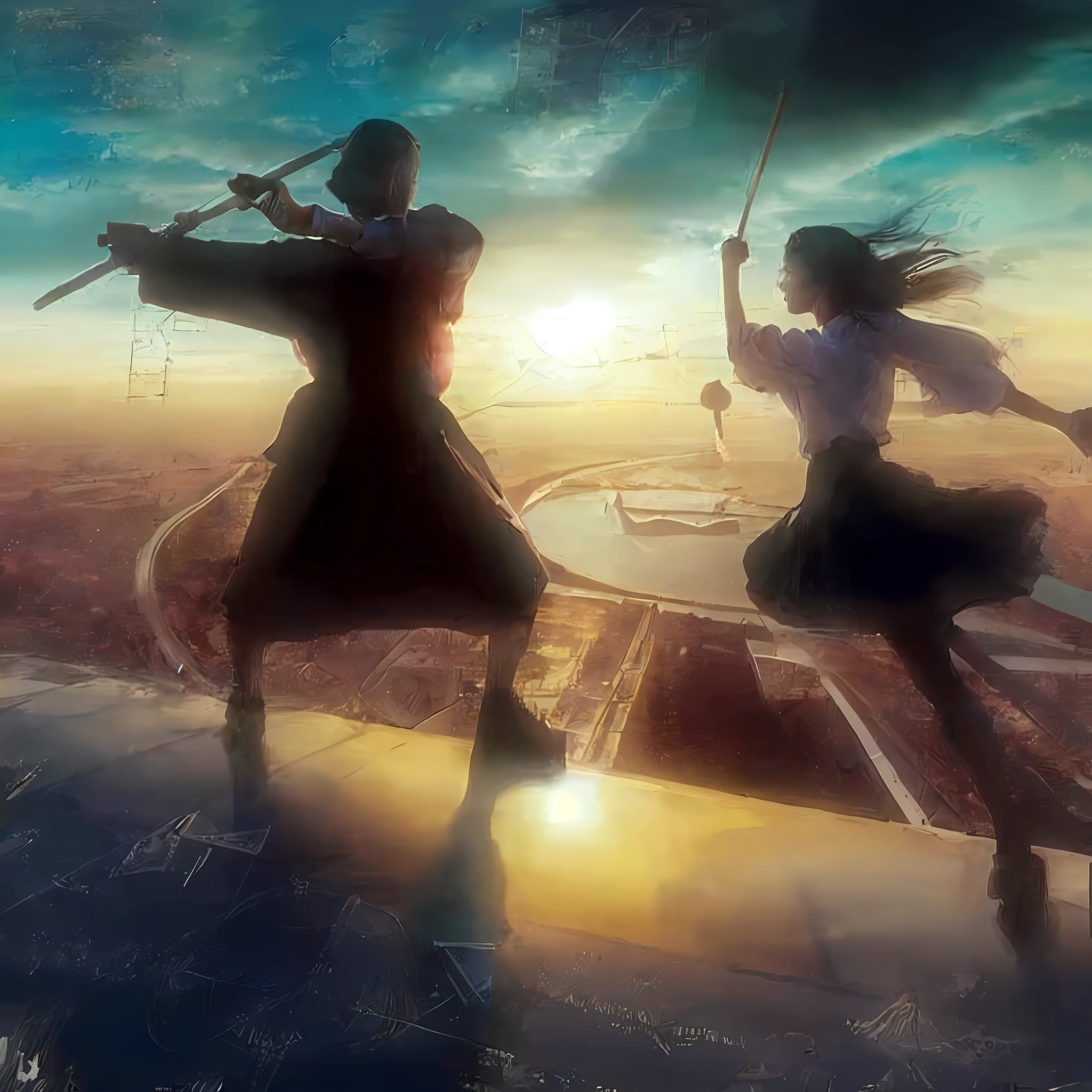 Imagine an epic scene unfolding atop a metallic airship. As the backdrop, the bustling city of Tokyo, skyscrapers reaching towards the heavens. Standing on the deck is a young woman, aged around 20, donned in a white blouse and black skirt. In her hand, she wields a violin bow, brandishing it like a sword. Her body language is full of dynamism, as if she's charging forward, fearlessly making her stand.

Across from her stands Leonardo da Vinci, a figure of the Renaissance period. He is garbed in traditional Italian Renaissance attire, holding a large bow, poised to counter her attacks.

The air around them is alive with luminescent equations and mathematical graphs, hovering like augmented reality symbols, adding a technological and mystical flair to the scene. These equations and graphs glow, creating optical spatial effects that add another layer of complexity to the image.

The setting sun paints the sky with hues of crimson and gold, casting long shadows and bathing the subjects in a warm glow. The river below reflects the same sunset, creating a breathtaking mirror image. Majestic clouds stretch across the skyline, further enhancing the grandeur of the scene.

The evening light illuminates both the woman and Leonardo, highlighting their intense duel atop the airship. The sun's rays create an atmosphere of high drama and intensity, each moment captured in the golden hour.