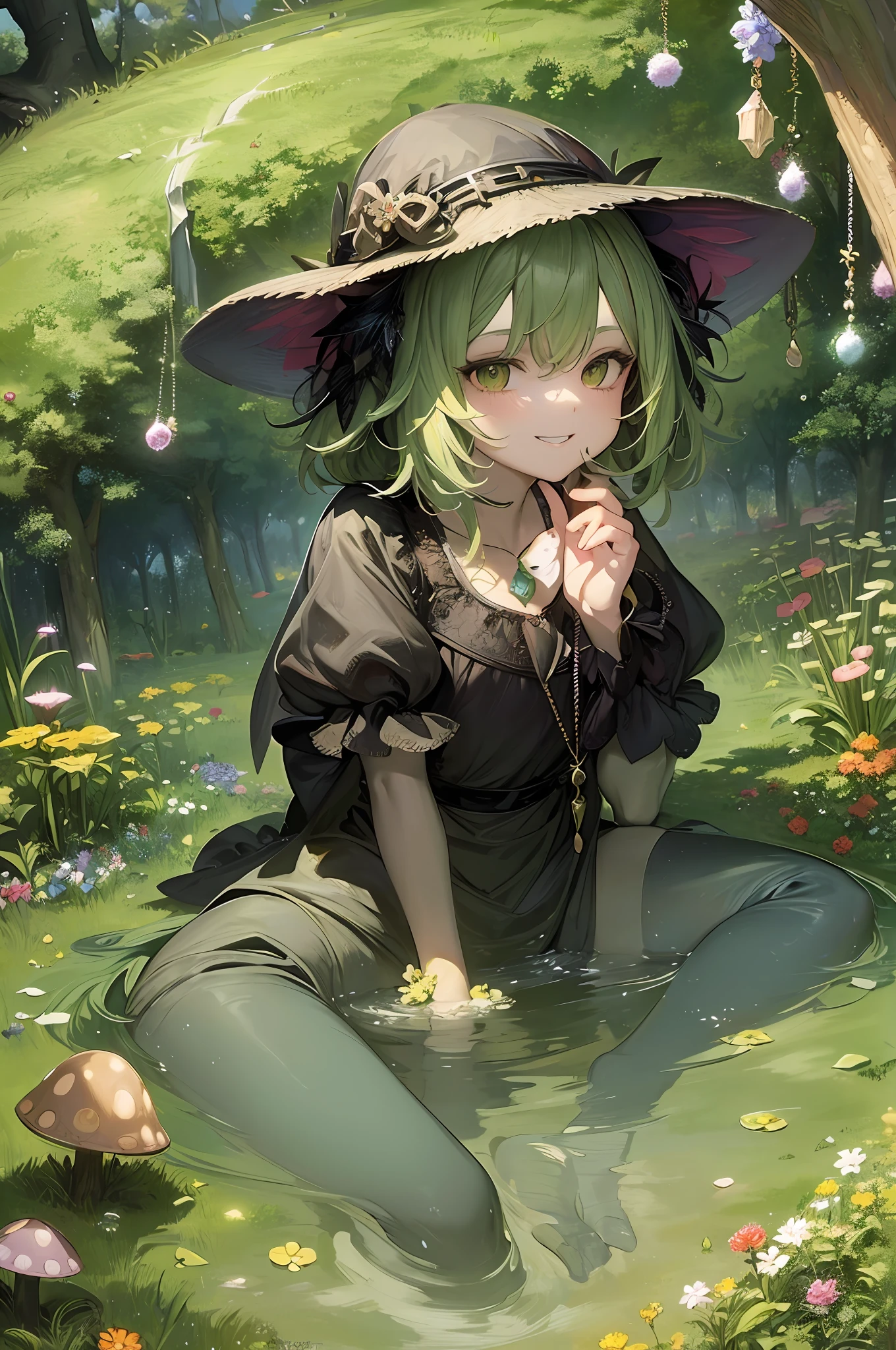 anime girl sitting in a field of flowers with a hat on, guweiz on pixiv artstation, guweiz, guweiz on artstation pixiv, artwork in the style of guweiz, trending on artstation pixiv, anime style 4 k, detailed digital anime art, from touhou, 8k high quality detailed art