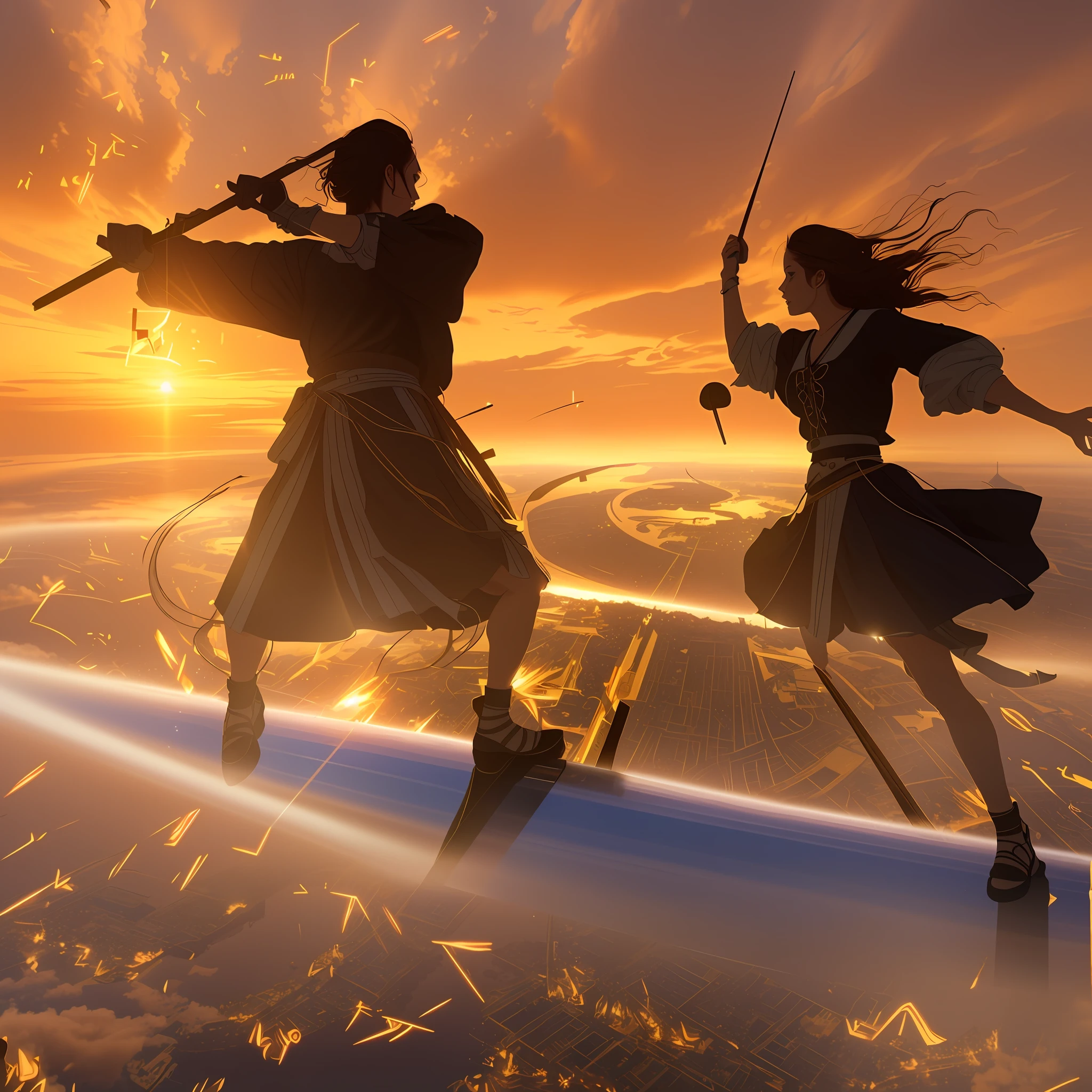 Imagine an epic scene unfolding atop a metallic airship. As the backdrop, the bustling city of Tokyo, skyscrapers reaching towards the heavens. Standing on the deck is a young woman, aged around 20, donned in a white blouse and black skirt. In her hand, she wields a violin bow, brandishing it like a sword. Her body language is full of dynamism, as if she's charging forward, fearlessly making her stand.
Across from her stands Leonardo da Vinci, a figure of the Renaissance period. He is garbed in traditional Italian Renaissance attire, holding a large bow, poised to counter her attacks.
The air around them is alive with luminescent equations and mathematical graphs, hovering like augmented reality symbols, adding a technological and mystical flair to the scene. These equations and graphs glow, creating optical spatial effects that add another layer of complexity to the image.
The setting sun paints the sky with hues of crimson and gold, casting long shadows and bathing the subjects in a warm glow. The river below reflects the same sunset, creating a breathtaking mirror image. Majestic clouds stretch across the skyline, further enhancing the grandeur of the scene.
The evening light illuminates both the woman and Leonardo, highlighting their intense duel atop the airship. The sun's rays create an atmosphere of high drama and intensity, each moment captured in the golden hour.