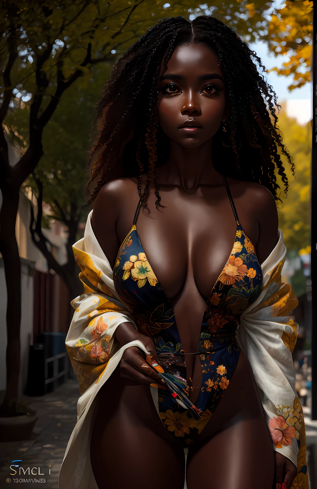 shukezouma, octane render, hdr, (hyperdetailed:1.15), (soft light, sharp:1.2), 1girl, beautiful ebony girl, ultra detailed eyes, mature, plump, dark skin, dark dark skin, realistic dark skin, realistic tan, tanned, thick, tan, painting drops, paint teardrops, woman made up from paint, entirely paint, splat, splash, long curly colored hair, kimono made from paint, ultra detailed texture kimono, paint kimono, paint bulb, exposed cleavage, sexy, paint drops, outdoors, exposed shoulders, sakura trees, tears, sexy, shoulders visible, thighs exposed, semi naked, focus on face, beautiful face, eye shadow, dark eye outline, Russian face, Russian girl, mascara, beautiful, tanned skin, tanned, dark skin, tan, 18 year old, tanned body