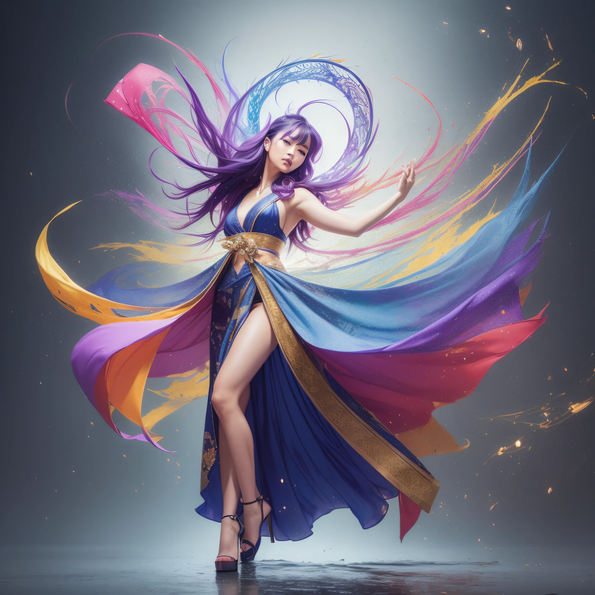 realistic pictures of Japanese Colorful beautiful woman dancing in a night club, full body, nice perfect face with soft skinice perfect face, blue yellow colors, light purple and violet additions, light red additions, intricate detail, splash screen, 8k resolution, masterpiece, cute face,artstation digital painting smooth veryBlack ink flow: 8k resolution photorealistic masterpiece: intricately detailed fluid gouache painting: by Jean Baptiste Mongue: calligraphy: acrylic: watercolor art, professional photography, natural lighting, volumetric lighting maximalist photoillustration: by marton bobzert:, complex, elegant, expansive, fantastical, Light academia, Low angle shooting, cinematic, Flag Bestquality,Super realistic,masterpiece,ultra-detalied, dynamic angle,crisp photo