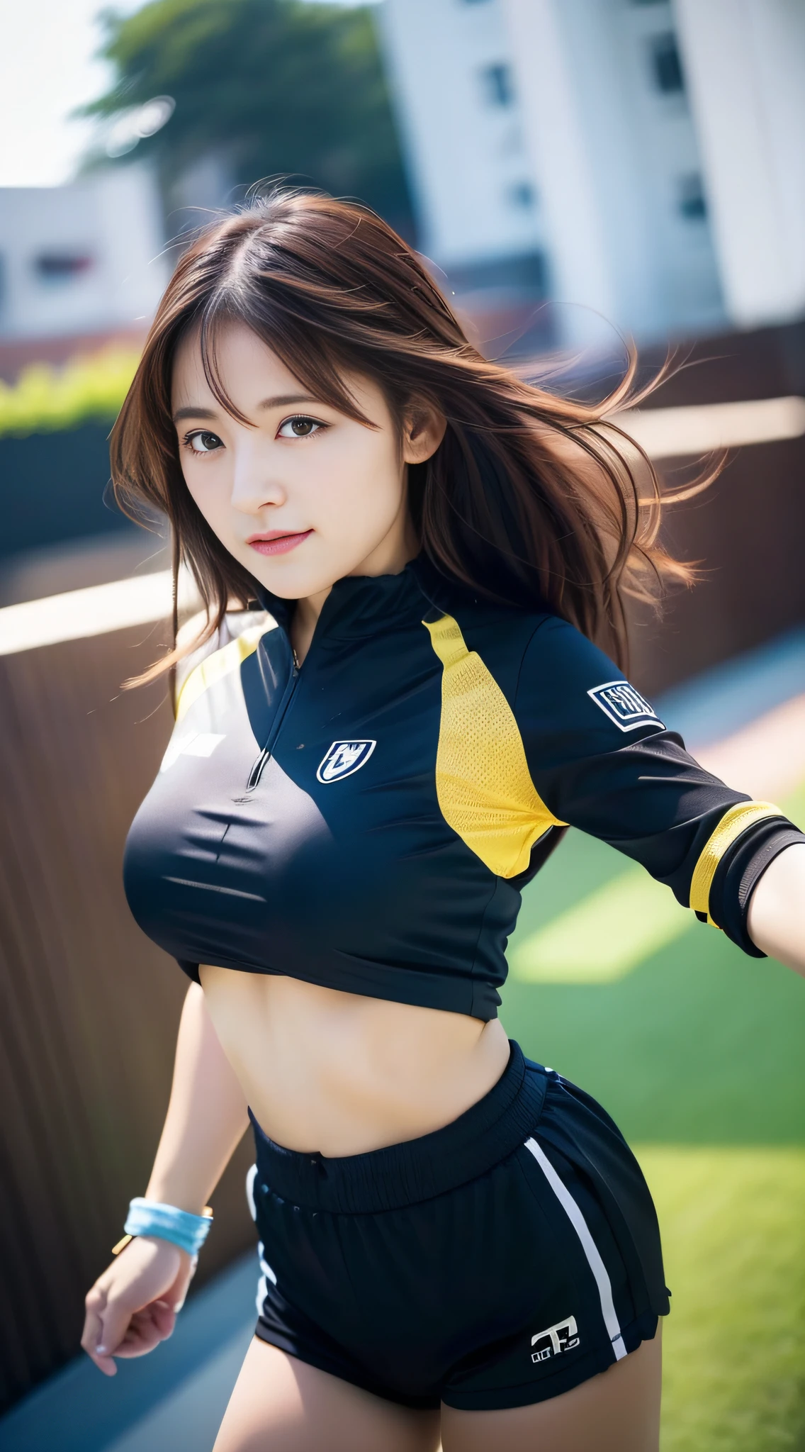 best quality, photorealistic, masterpiece, 8k, high res, solo, 1girl, (((woman))), (medium breast), ((looking at the viewer)), (looking at the camera), (medium hair), (professional lighting, bokeh),top angle view, extremely detailed face,  fashionable and trendy atmosphere, japan, roof top, ((daytime)), (sportwear :1.5),  uniform,  (portrait:0.6), seductive smile,  gorgeous, floating hair, (light particles, lens flare, glowing particles:0.6), (dynamic pose:1.2), soft lighting, black hair,  full body, standing, oblong_face