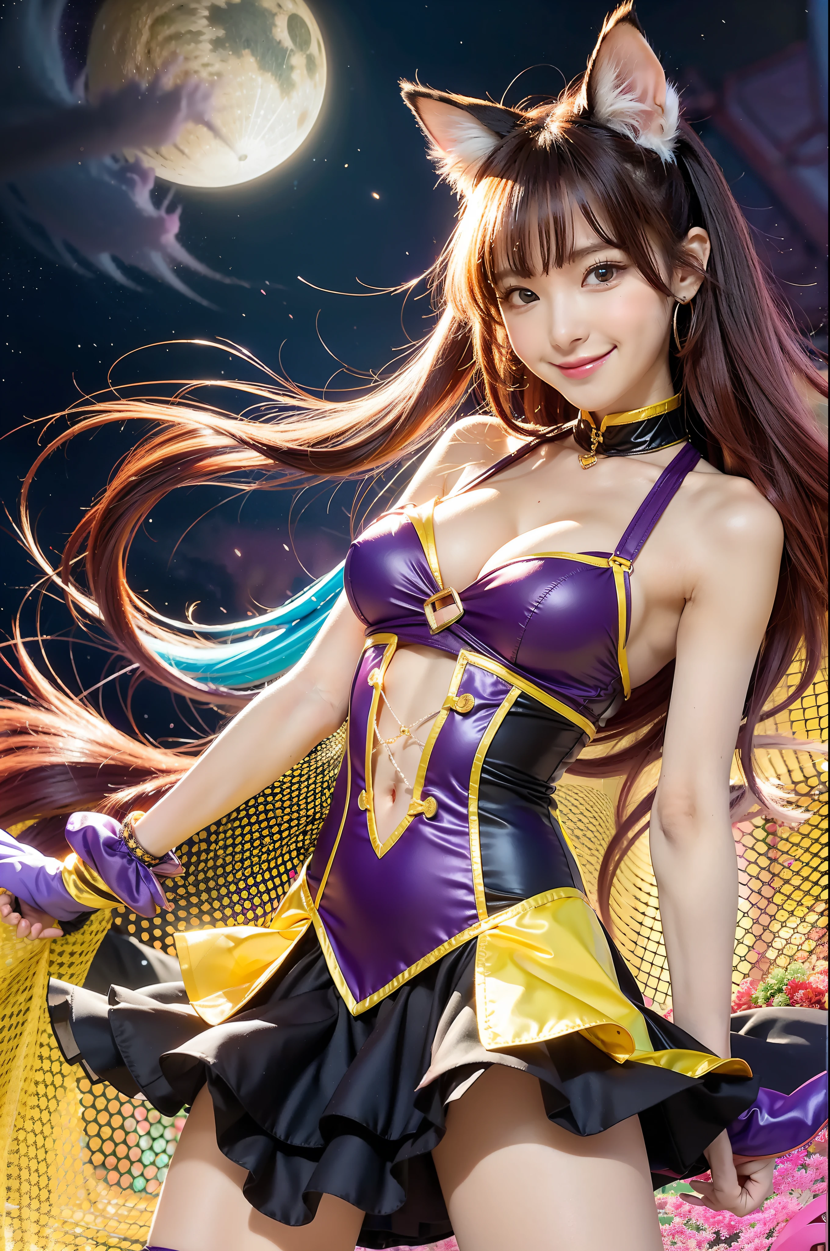 There are women in purple and yellow costumes posing for photos ((Fractal Art: 1.15)), Colorful, Anime Girl Cosplay, Anime Cosplay, Ayaka Cosplay, Charming Cat Girl, Neko Mimi, Kemonomimi, Cosplay Photo, Cosplayer, Rin, (NSFW), Vocaloid, Waifu, Cosplay, Juri Misaki, Ahegao, Rin Kagami, Yami Yugi Cute, Anime Cat Girl, smiling, storm, strong wind,