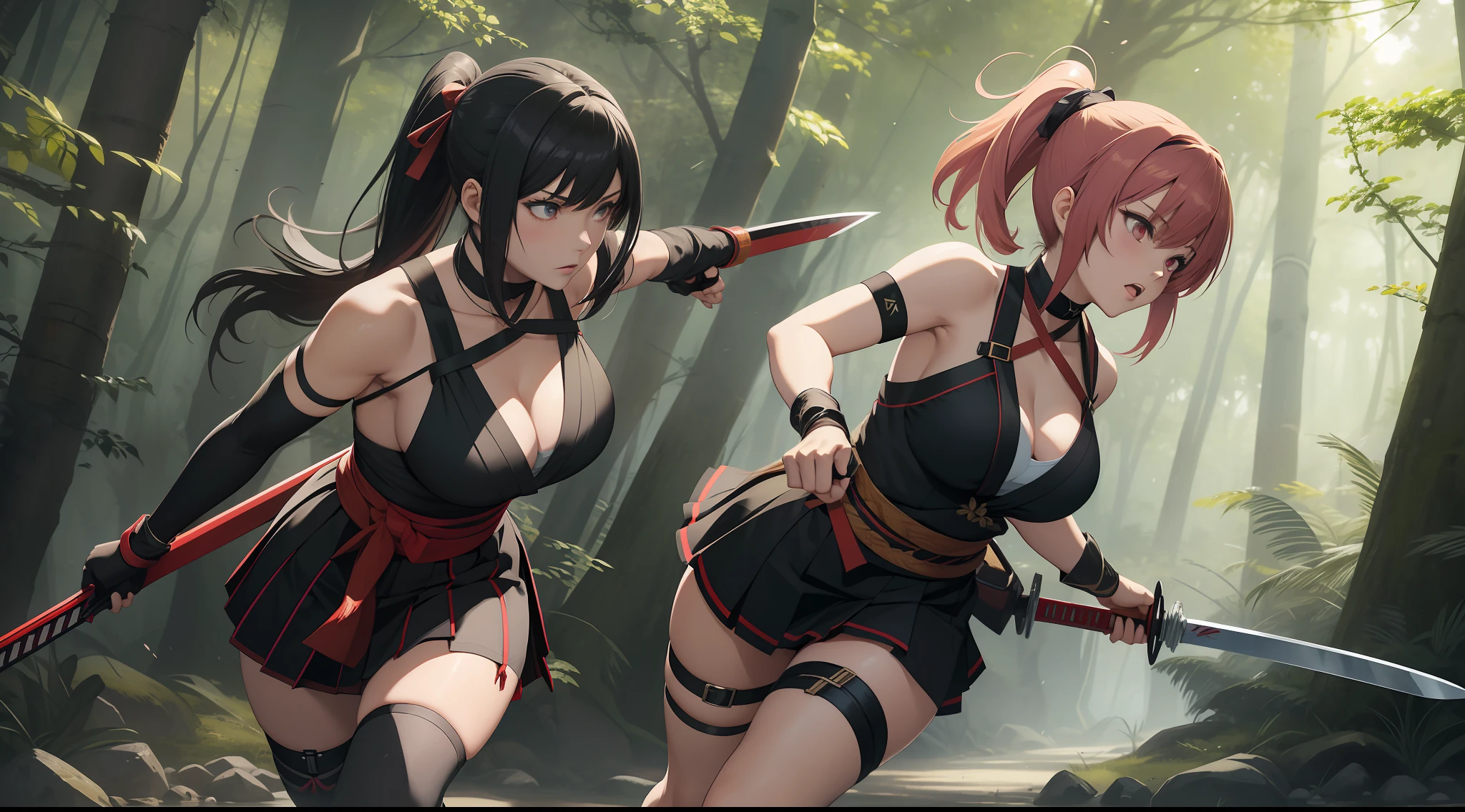 Full body shot of two female character from Dead or Alive game. Kasumi versus Ayame, fighting in a fierce duel death match with weapon short swords, with serious expression. Kasumi looking to Ayane, and Ayane looking to Kasumi. They have long loose hairstyle. They are wearing different color of traditional sleeveless kimono, with a floral print skirt, an obi tied on back hip, a pair of 100% black thigh highs, black shoes, a pair of thin long black elbow gloves, hand guards, and a choker. Background set in a dark forest.