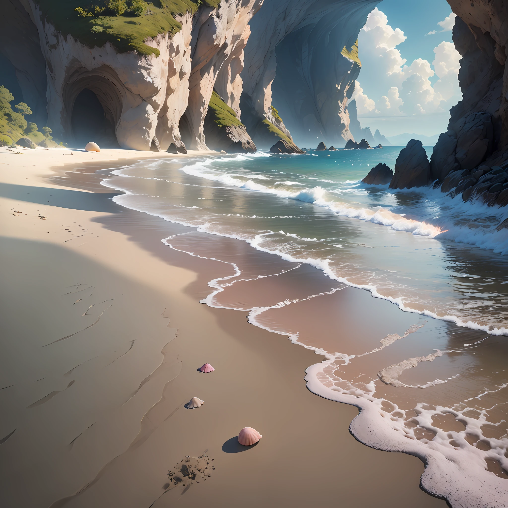 graphics, realistic fantasy, Extensive landscape ultra photography, realistic image of an animal (general view, which shows a sandy beach, water, foam, sand, shells, footprints, drops, a solo turtle, a realistic image of an animal), blurred background, dawn, warm, marine shade, a little pink, airy color, --auto --s2