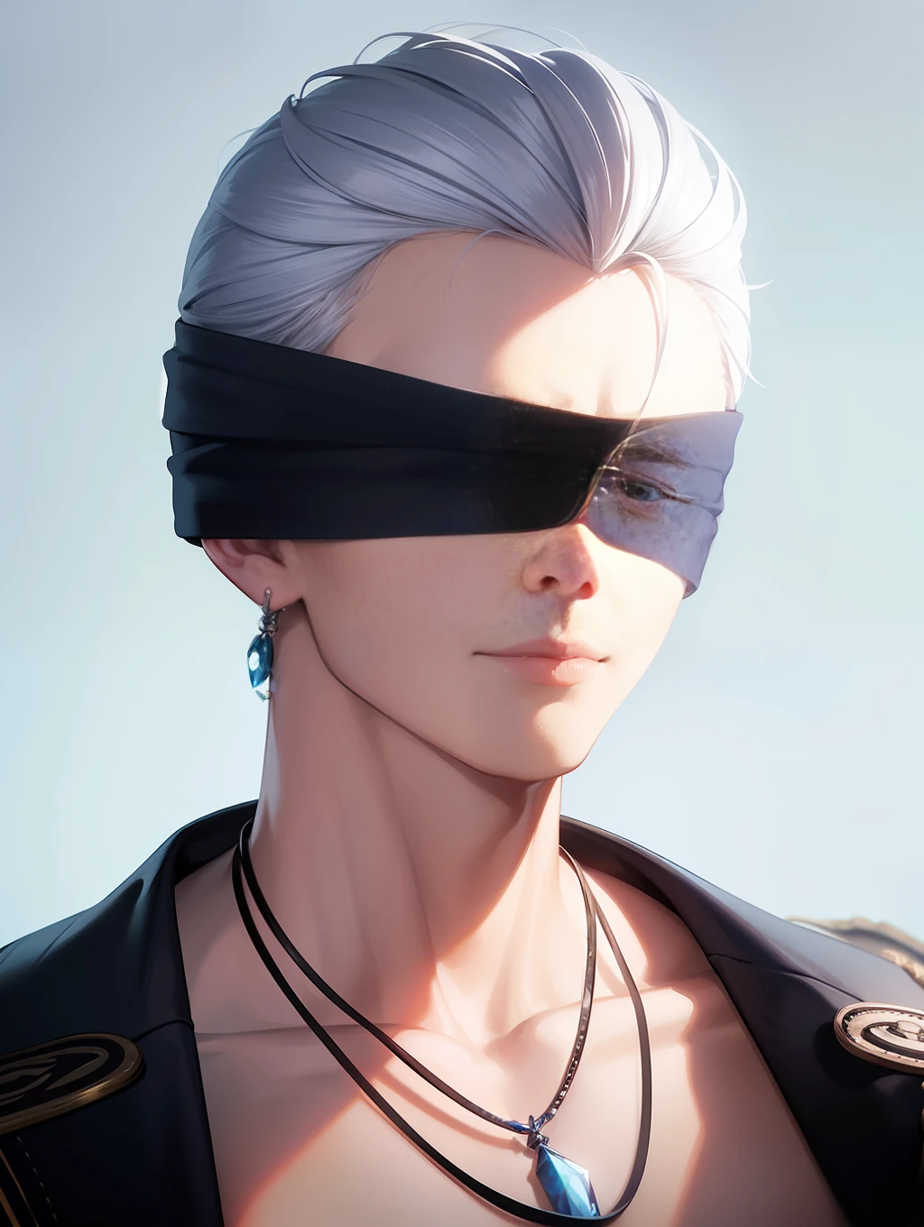 Handsome antique boy avatar, dashing, cloth blindfolded, white bandage on hand, wearing earring necklace, blue tone, cold, silver hair, face close-up, dark background, portrait, streamlined 3D/C4D production: 8K HD picture quality / ultra-detailed lens depiction 1.5, flawless, chibi background / cinematic sense.