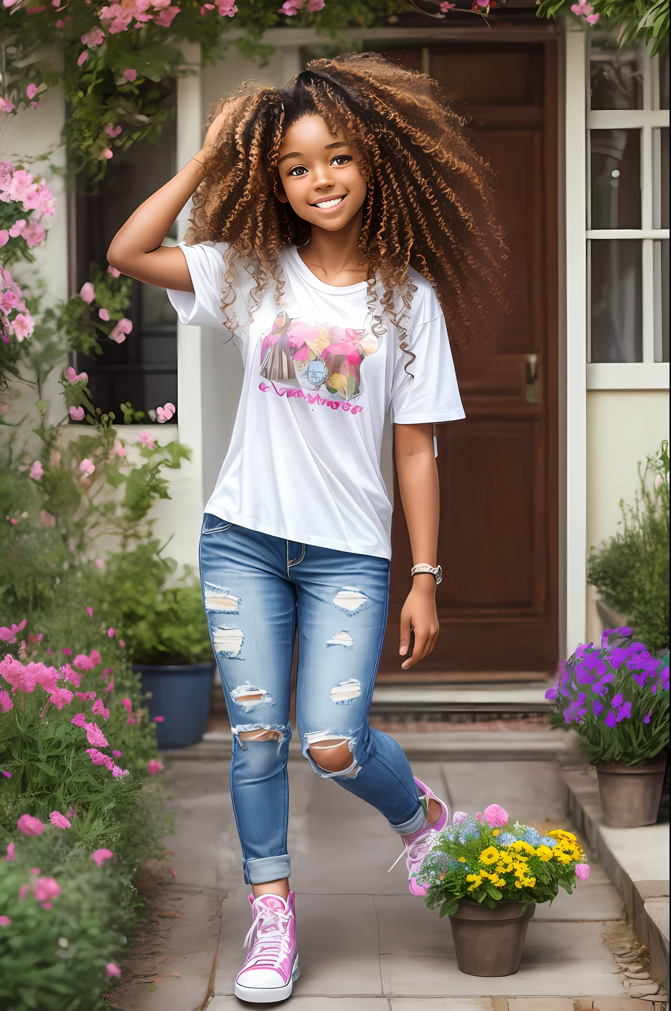 3d chibi by 1girl, ((solo)))), ( long curly hair messy, with glores in the hair, smiling
happy, African-American, kind-eyed;1.15), wearing a T-shirt and jeans, high-heeled shoes, sculptural model body, late afternoon
autumn, flower garden, warm and soft light, flowers being
Wind-blown, motion blur lens --auto --s2