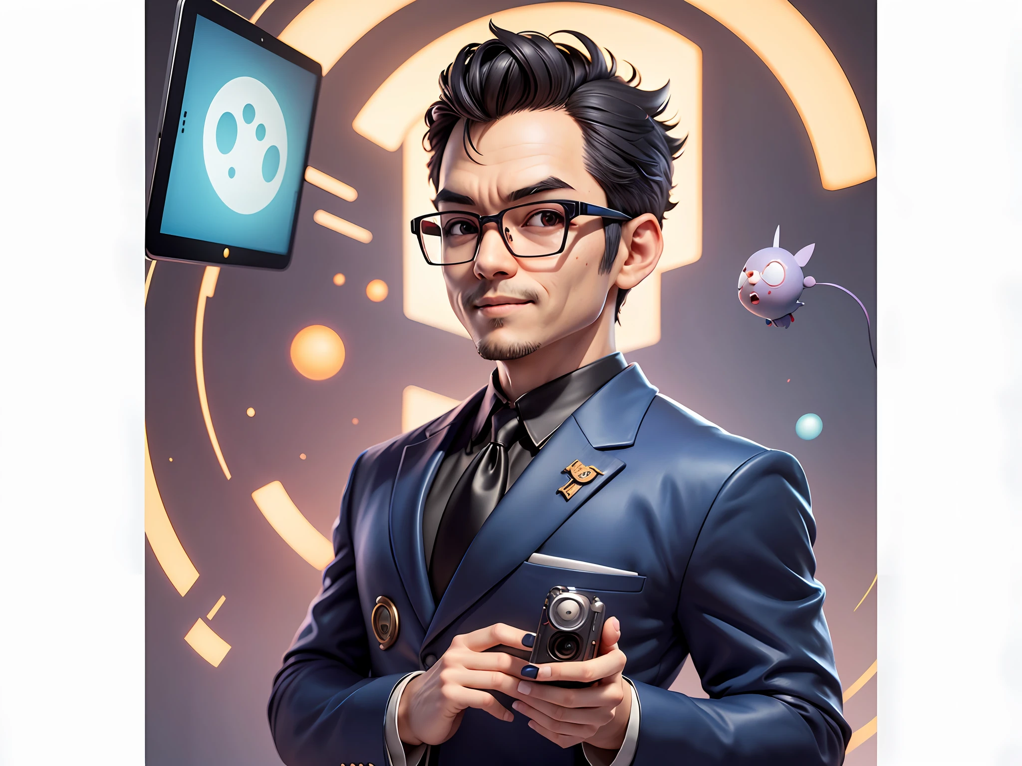 Masterpiece), (Excellent), (Super Meticulous), (Full Body: 1.2), Super Young Woman, Beautiful, Sexy, Bursting, Oriental Face, TV Anchor, Bust Portrait Illustration, Alone, Black Suit, Blue Tie, Silver Glasses, Slightly Chubby Face, Very Clean Face, No Beard, Black Super Short Hair, Black Eyes, Confident Smile, 3c Computer Sub-Products, iPad, iPhone, Digital Painting, 3D Character Design by Akira Toriyama with Mark Claireden and Pixar and Hayao Miyazaki, The illustration is a high-definition illustration in 4K resolution with very detailed facial features and cartoon-style visuals.