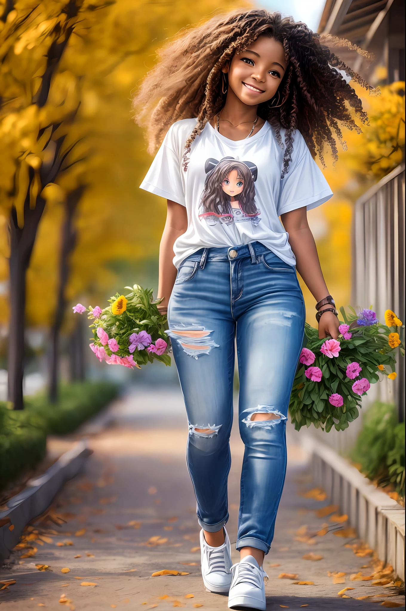 3d chibi by 1girl, ((solo)))), (15 years old long curly hair messy, with glores in the hair, smiling
happy, African-American, kind-eyed;1.15), wearing a T-shirt and jeans, high-heeled shoes, sculptural model body, late afternoon
autumn, flower garden, warm and soft light, flowers being
Wind-blown, motion blur lens --auto --s2