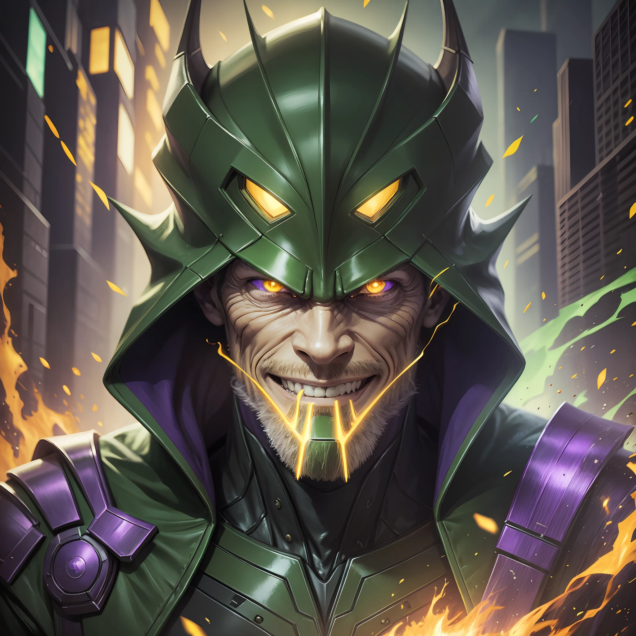 Willem Dafoe, Avengers, Green Goblin, Smile, Green Hood, Purple Cloak, Burning, Nanotechnology, Heavy Armor, Masterpiece, Top Quality, Yellow Glowing Eyes, Horns