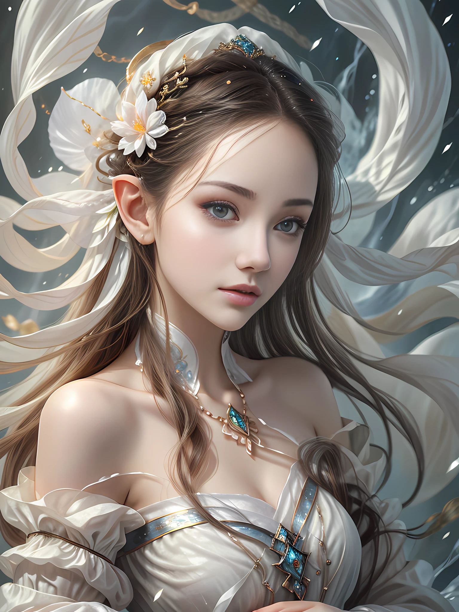 (Masterpiece, Top Quality, Best, Official Art, Beautiful and Aesthetic, Long Exposure: 1.2), Smooth Movement, Charming Patterns, 1 Girl, (Long Dress with Sleeves: 1.3), (((White Clothes) )), upper body close-up, bare shoulders, Chinese girl, blush, black lob hair, portrait, solo, upper body, looking at the observer, detailed background, detailed face, (crystallineAI, crystalline theme:1.1), elemental wind elves, rotation Wind, control the wind, white crystal clothing, dynamic pose, floating particles, ethereal dynamics, whirlwind, vapor, whirlwind in the background, white tone, whirlwind, ethereal atmosphere,