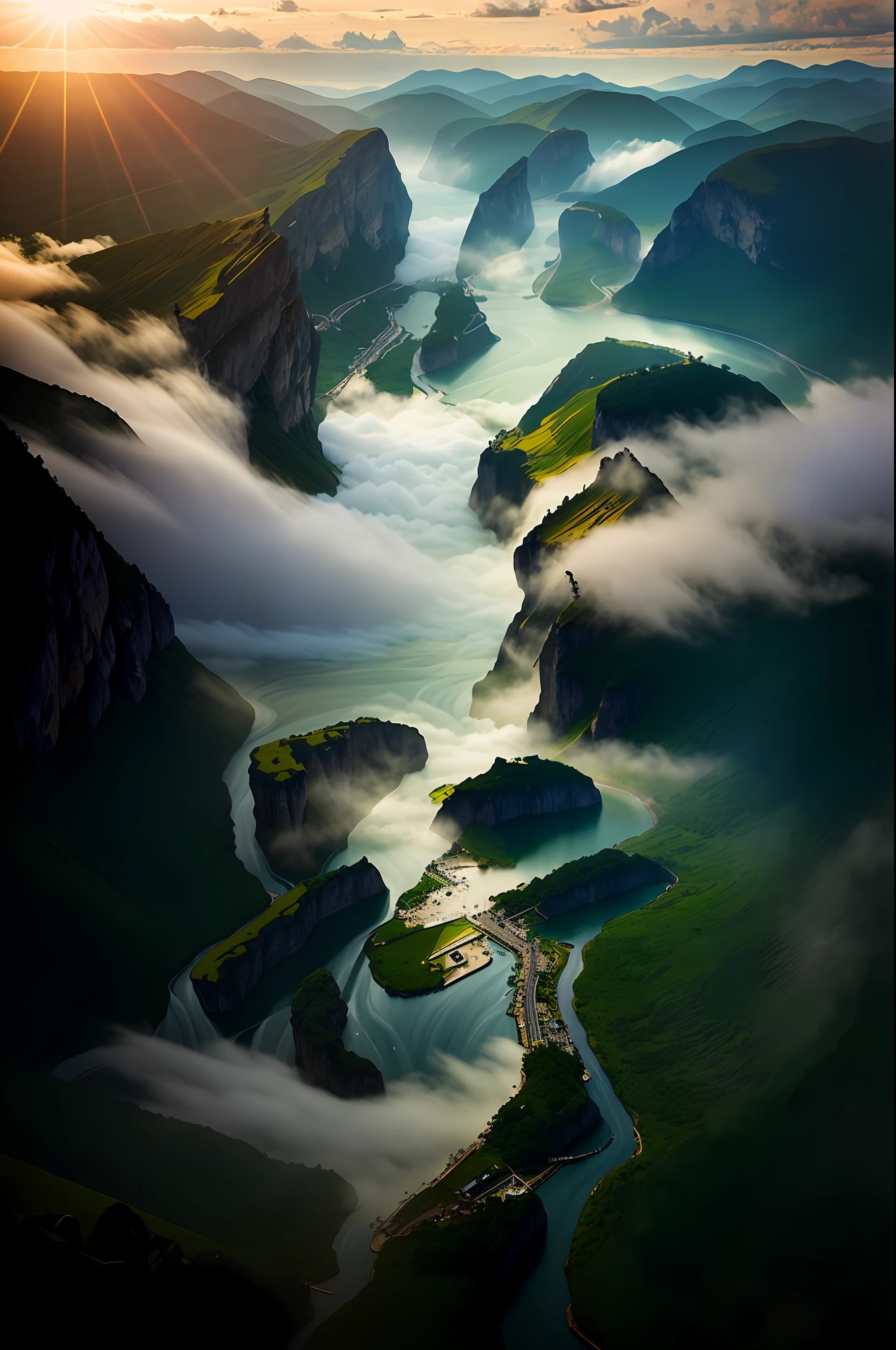 Atmosphere, overlooking mountains, rivers, woods, clouds, (intricate details), HDR, (intricate detailed, hyperdetailed: 1.2), cinematic lens, centered