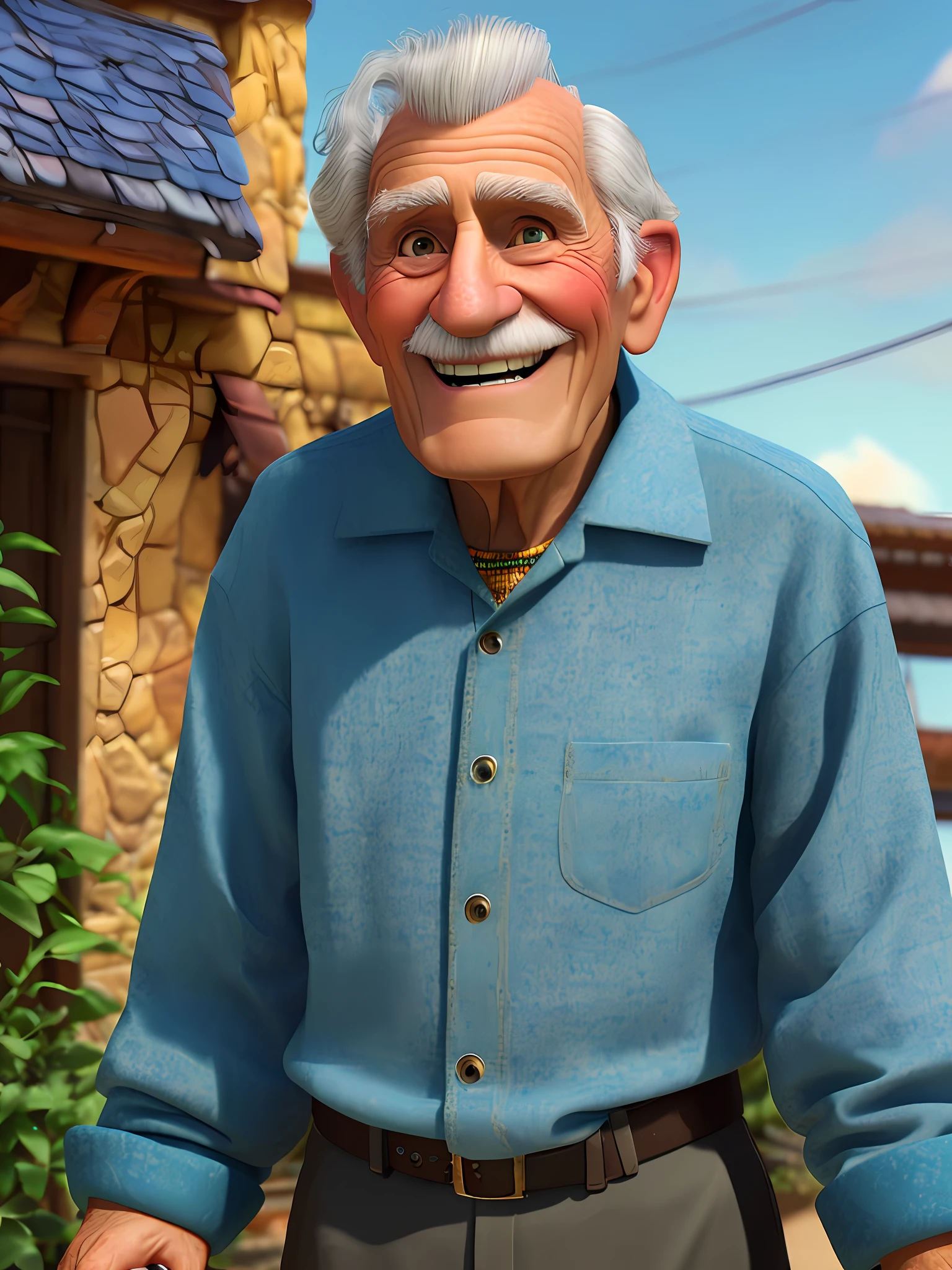 Pixarstyle A waist-high portrait of an elderly man with social clothes, smile, natural skin texture, 4K textures, HDR, intricate, highly detailed, sharp focus, cinematic look, hyper-detailed