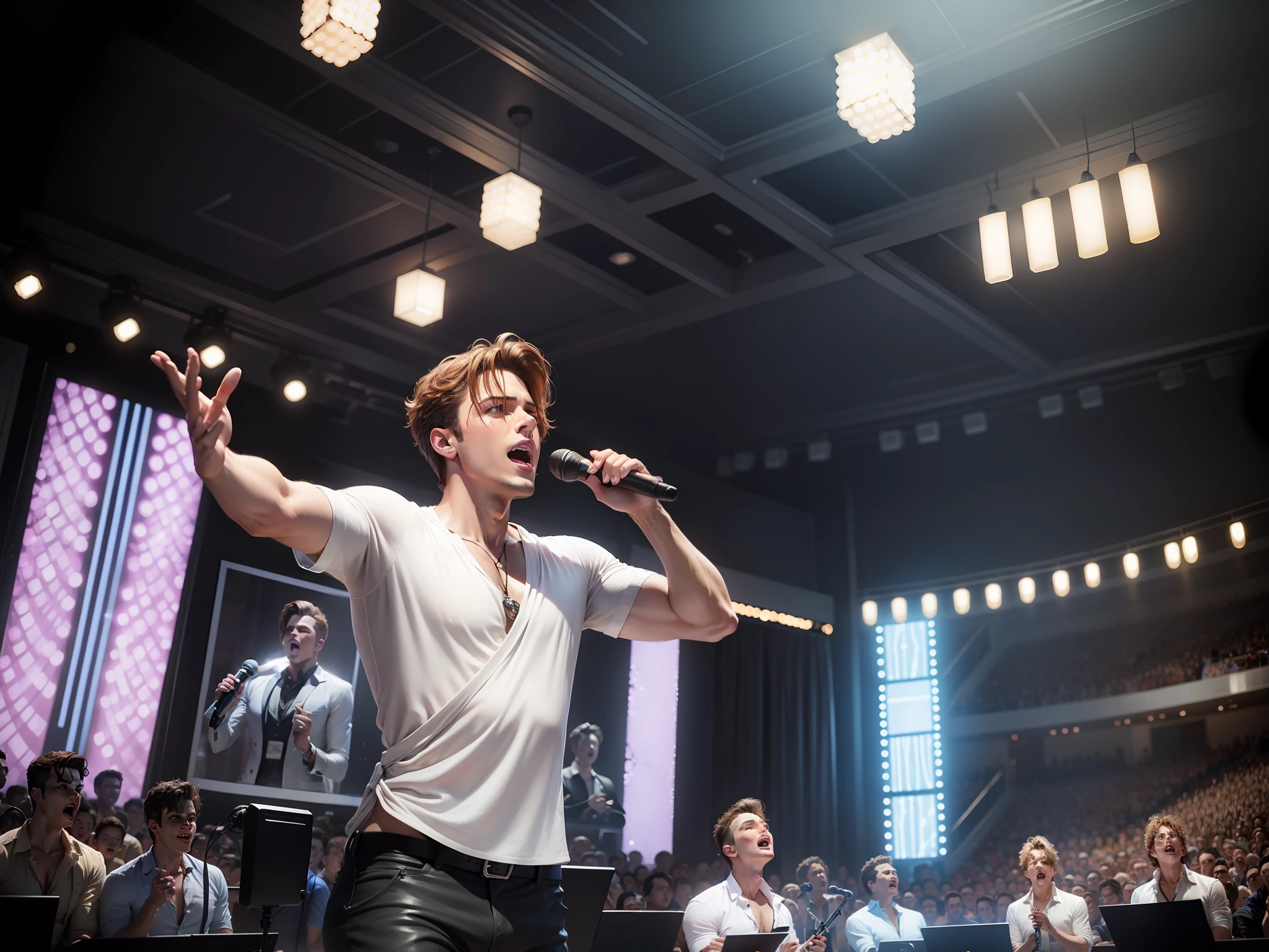 Screen playing male stars, singing, lights