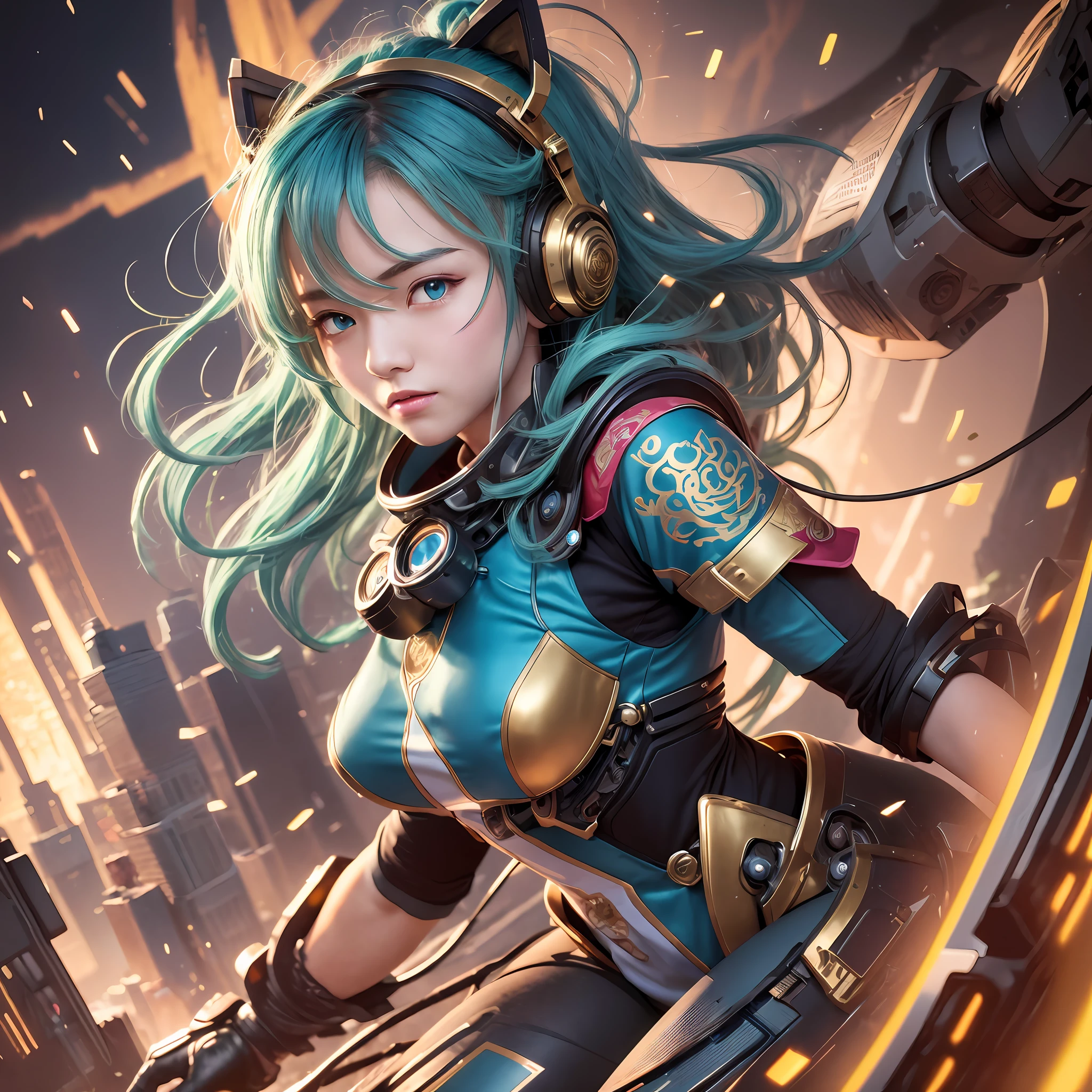 (ultra-detailed), (disheveled hair), (photo_medium), Amazing detail, Large file, Chinese element, Mech style, Mecha, Cyan and gold, gold Wire design, Detailed Mecha, Detailed mech originals, Chinese knot, (smile:0.7), battle tendency, Chinese dragon pattern, (illustration), motion blur, (masterpiece), (best quality),--ReV Animated  --sd1.5 --auto --s2