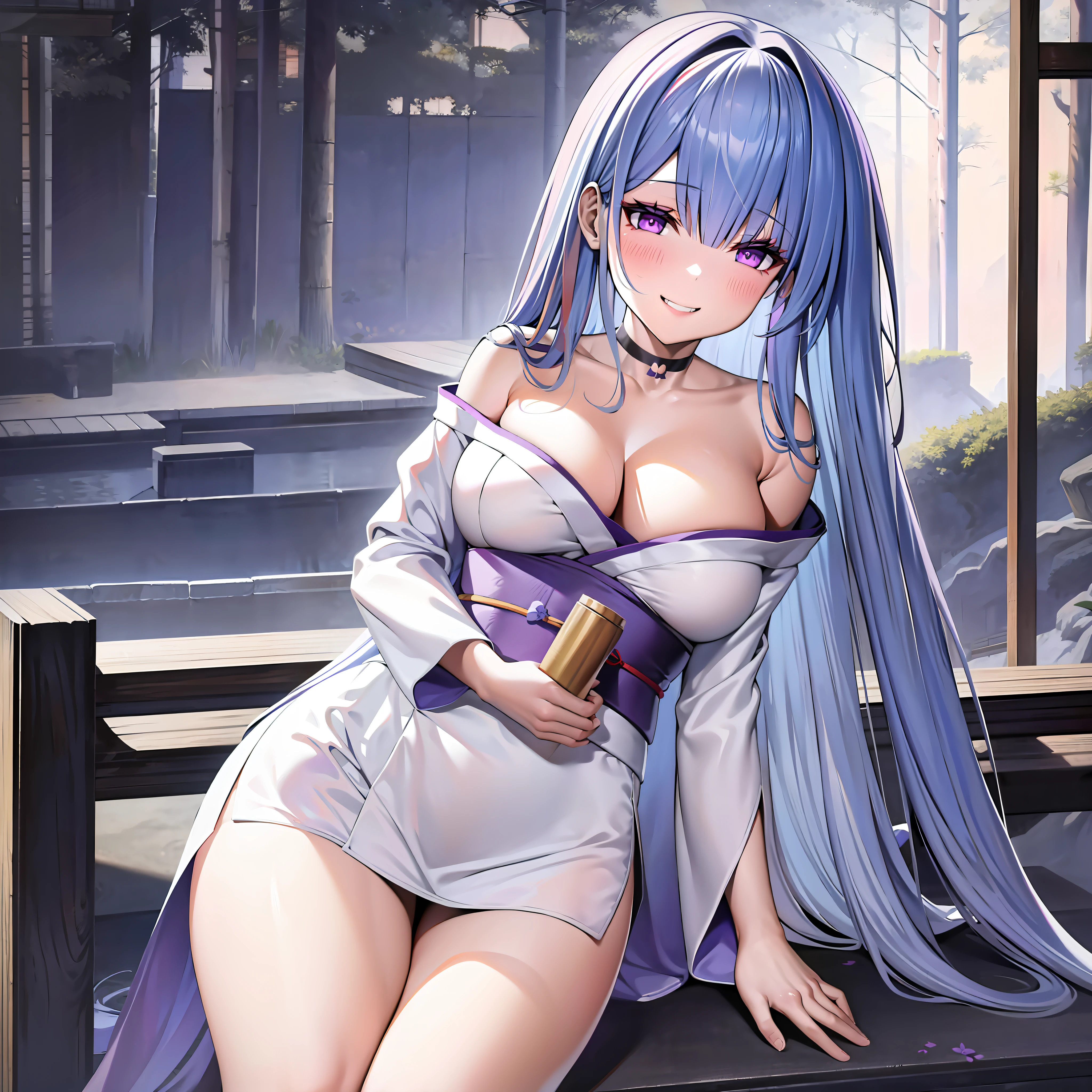 japanese anime girl in kimono holding wine bottle with text, 1girl, breasts, smile, solo, long hair, sash, bare shoulders, japanese clothes, black hair, looking at viewer, bottle, holding, obi, kimono, grin, black choker, purple eyes, choker, collarbone, off shoulder, outdoors, cleavage, night, floral print, thighs
