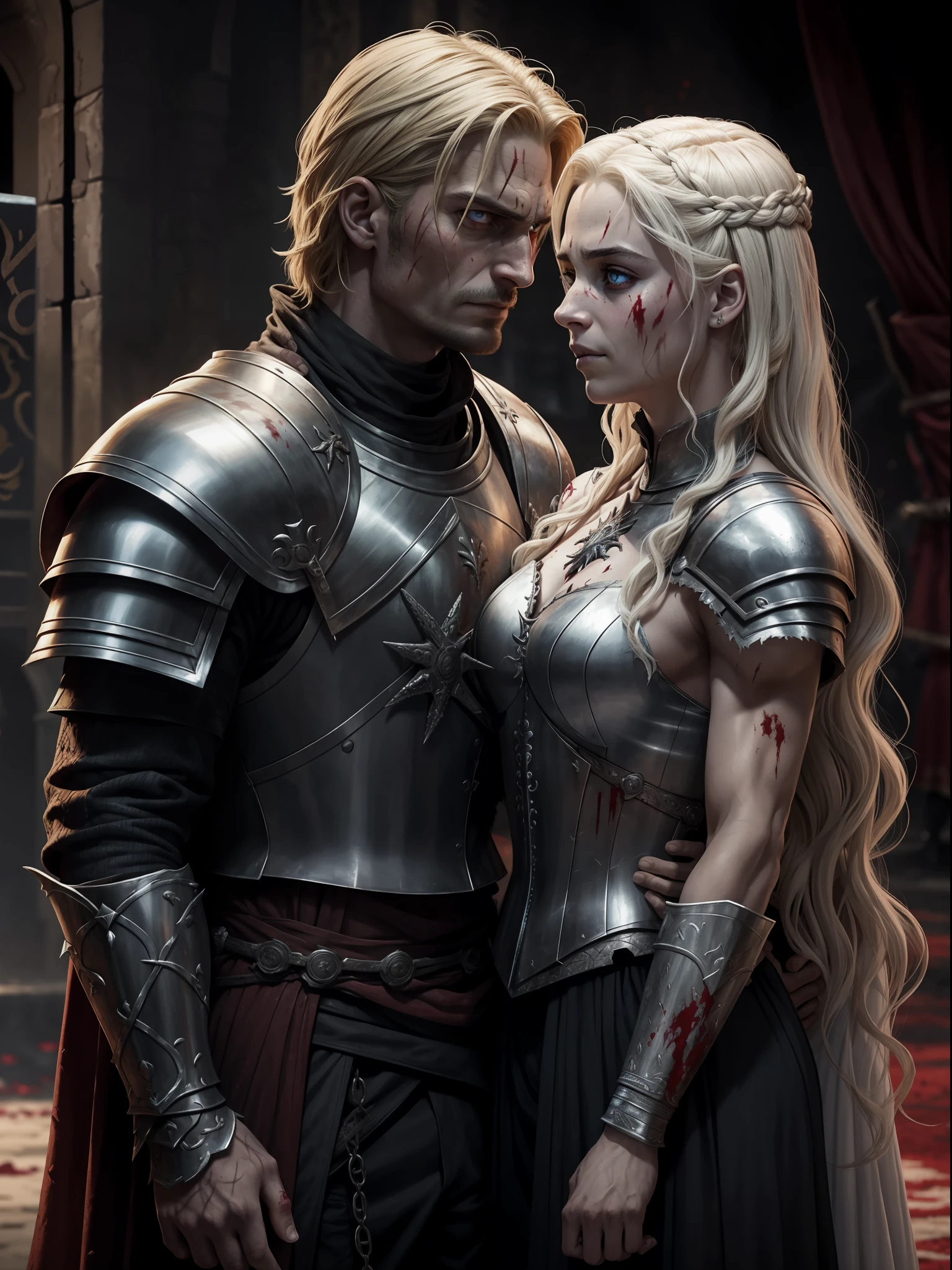 Evil Couple, after fight, blood everywhere, Tired, Ripped clothes, damaged armor, Evil, glowing red eyes, Smirk, in the battlefield, Arab features, scar on eyes, Messed up hair, a Targaryen and a Lannister, Jaime Lannister and Daenerys Targaryen