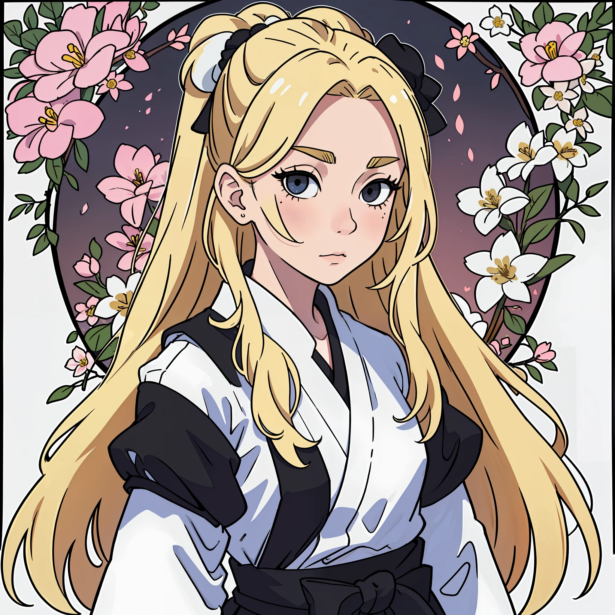 A woman who has long blonde hair with two pompoms on the right and left side, has a white skin. she's short. wears a black female Hakama but with details of a garden with several flowers and wears a common white shirt with several other small pompoms wrapped.