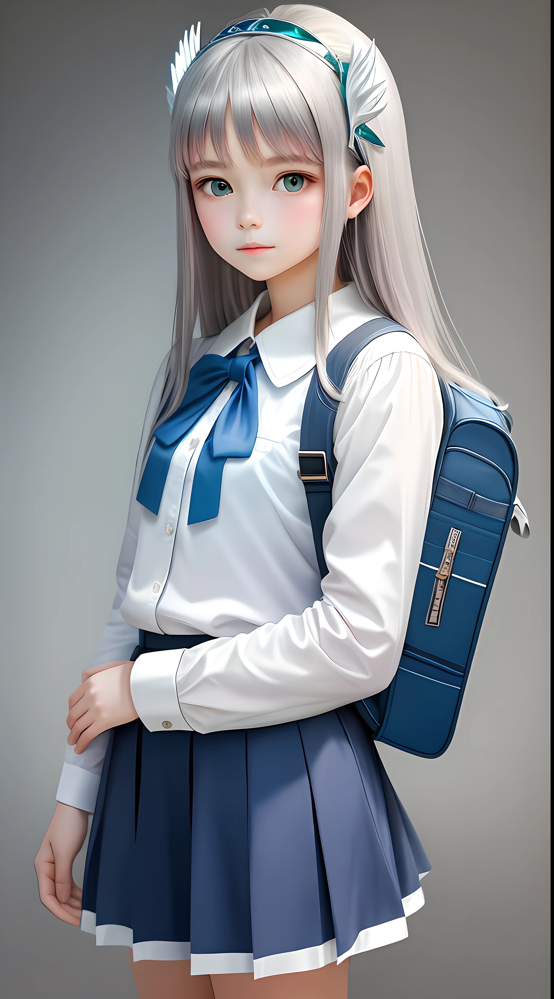 1girl, (masterpiece:1.1), (best quality:1.1), (white blouse:1.1), (shorts:1.1), school uniform,, school bag, BREAK [blue:pink:0.5] theme, (gradient background:1.1), cowboy shot, break silver, long hair, green eyes, delicate headdress, look to the side, Look positive