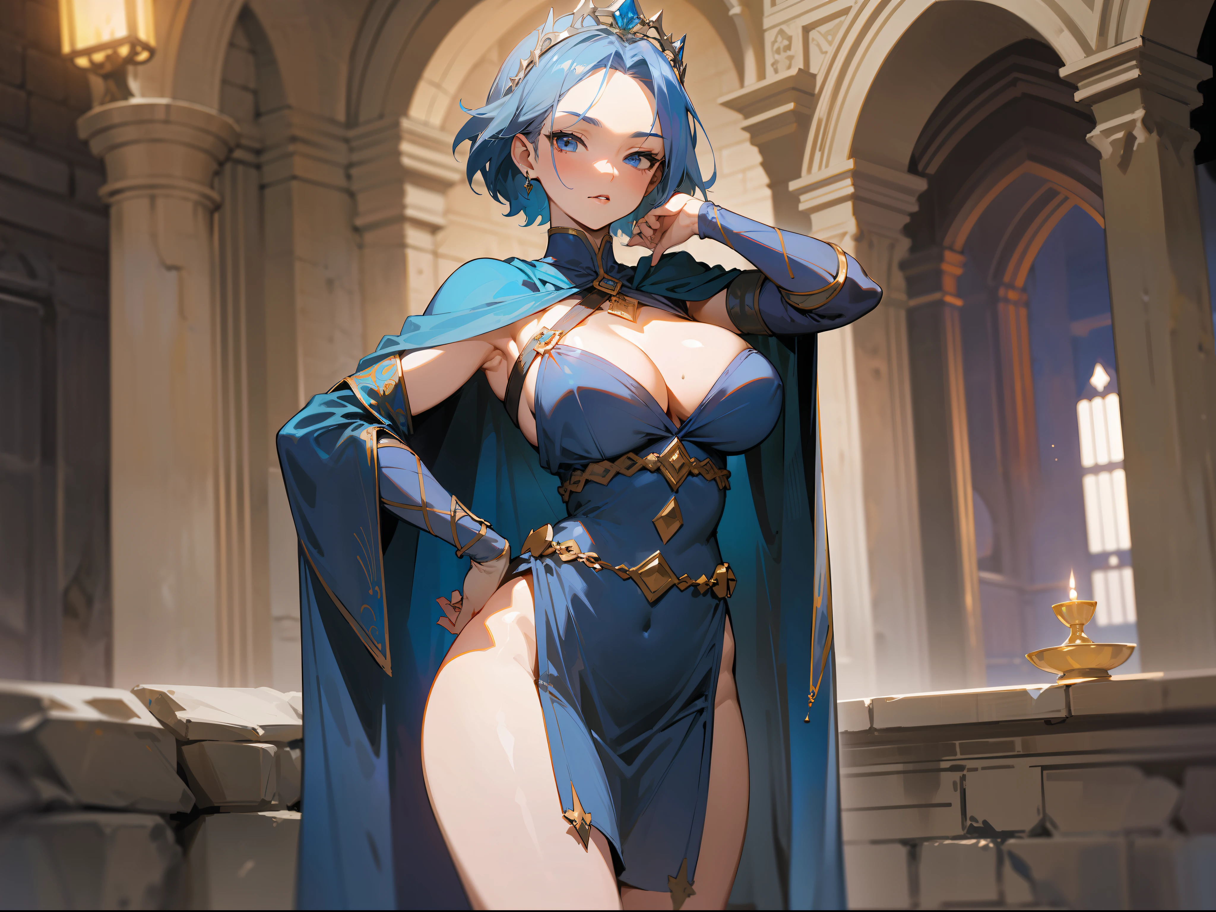 masterpiece, best quality, mature woman, short porcelain blue hair, tiara, showing forehead, gray blue cape, top, beautiful breasts, exposed thighs, dark short dress, belt, wine boots, thigh band, dynamic pose, inside a stone dungeon, dark, dark, nocturnal setting, fantasy, medieval.