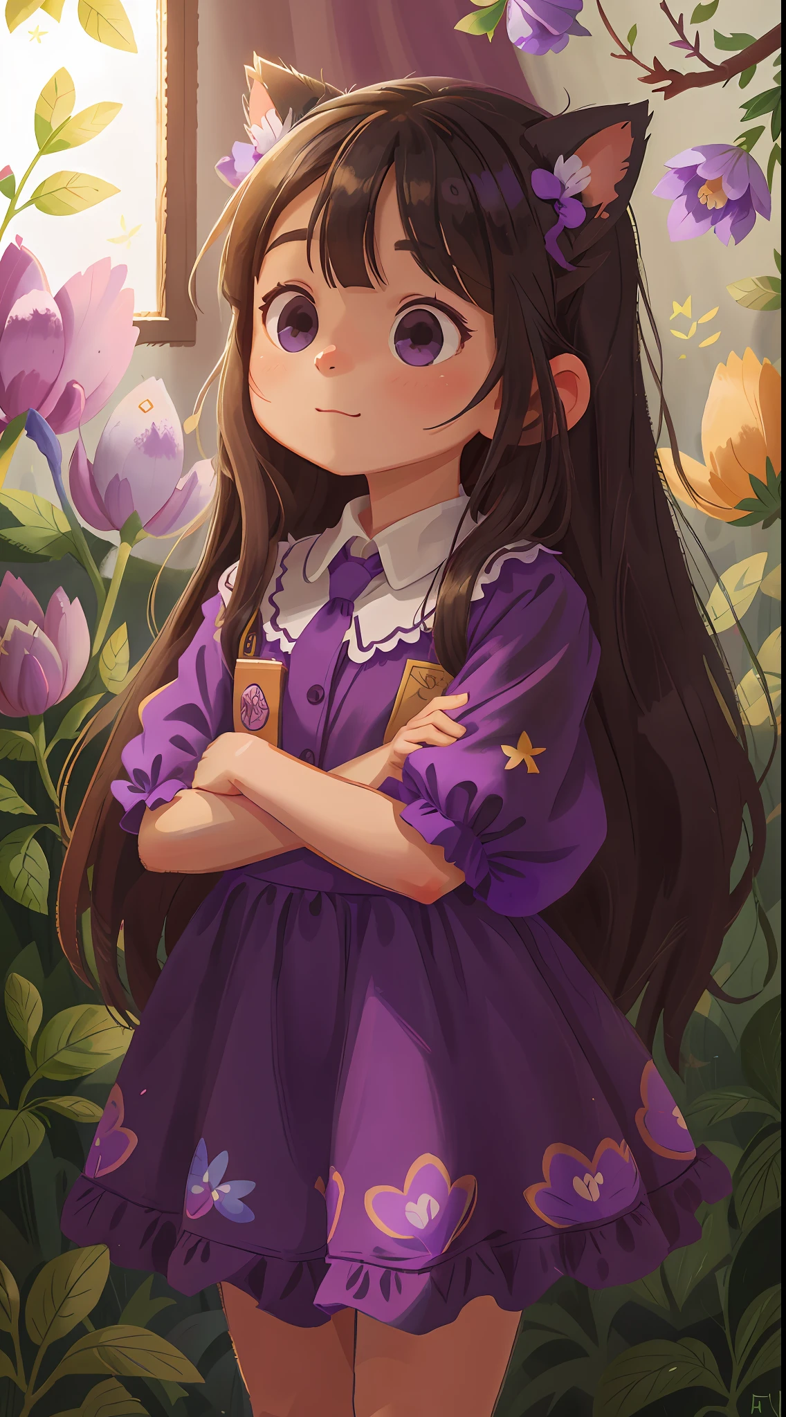 A girl, long hair, black hair, purple eyes, shinning eyes, purple dress, cat, lavender flower, happy, happy, perfect quality, clear focus (clutter - home: 0.8), (masterpiece: 1.2) (realistic: 1.2) (bokeh) (best quality) (detailed skin: 1.3) (complex details) (8K) (detail eyes) (sharp focus), (happy) full body, one children, clean background, long view composition, 85MM SHOT