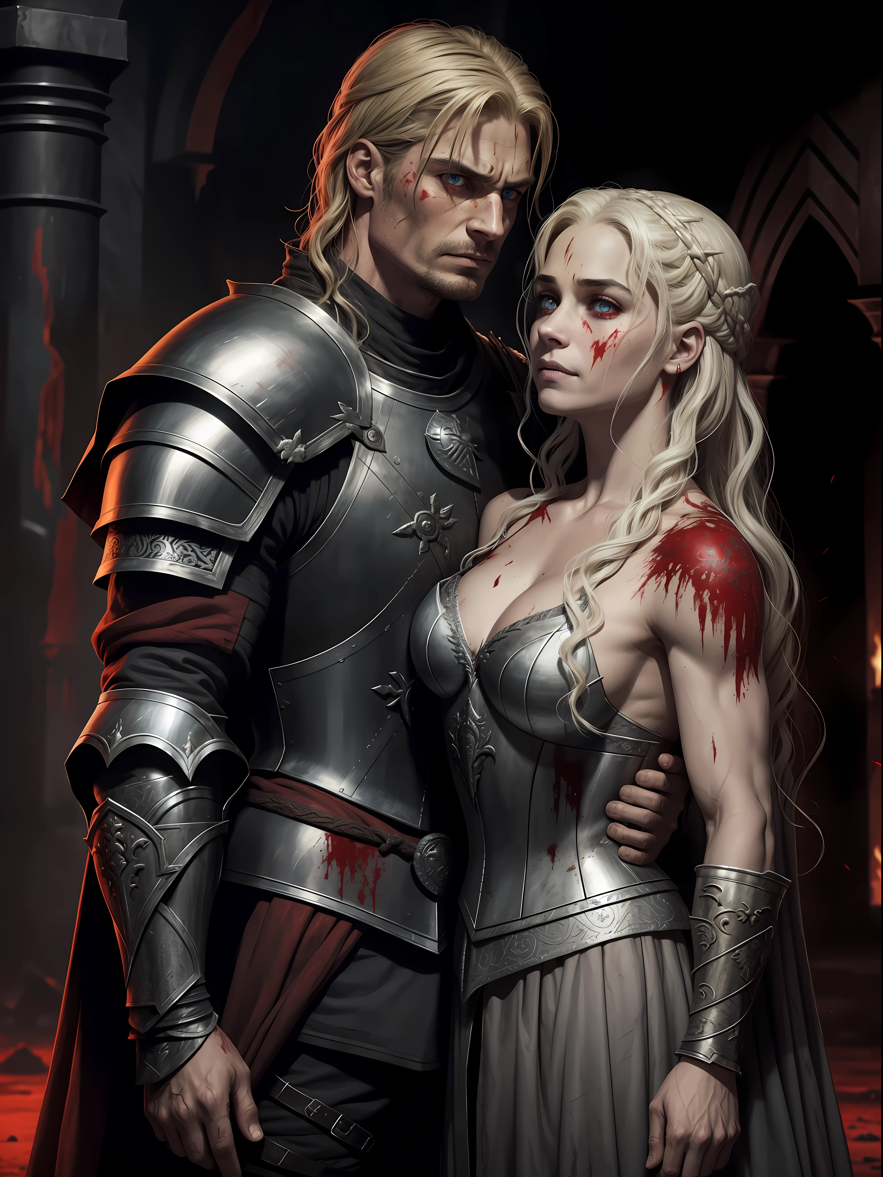 Evil Couple, after fight, blood everywhere, Tired, Ripped clothes, damaged armor, Evil, glowing red eyes, Smirk, in the battlefield, Arab features, scar on eyes, Messed up hair, a Targaryen and a Lannister, Jaime Lannister and Daenerys Targaryen