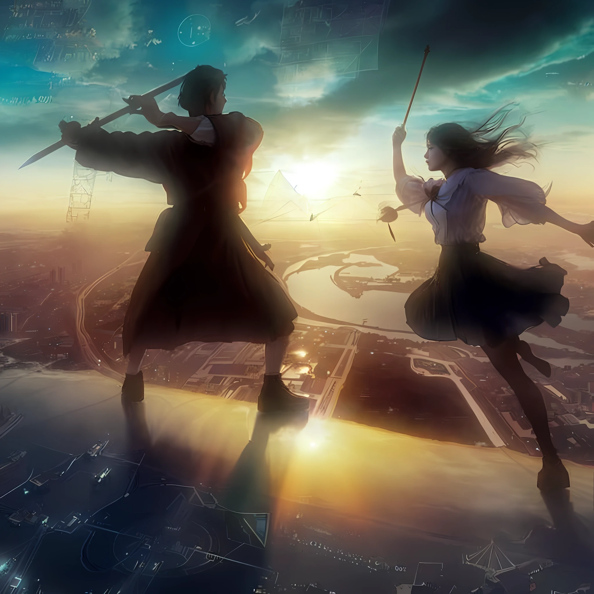 Imagine an epic scene unfolding atop a metallic airship. As the backdrop, the bustling city of Tokyo, skyscrapers reaching towards the heavens. Standing on the deck is a Japanese young girl, aged 20, donned in Gothic ta a white blouse and black skirt. In her hand, she wields a violin bow, brandishing it like a sword. Her body language is full of dynamism, as if she’s charging forward, fearlessly making her stand.
Across from her stands Leonardo da Vinci, a figure of the Renaissance period. He is garbed in traditional Italian Renaissance attire, holding a large bow, poised to counter her attacks.
The air around them is alive with luminescent equations and mathematical graphs, hovering like augmented reality symbols, adding a technological and mystical flair to the scene. These equations and graphs glow, creating optical spatial effects that add another layer of complexity to the image.
The setting sun paints the sky with hues of crimson and gold, casting long shadows and bathing the subjects in a warm glow. The river below reflects the same sunset, creating a breathtaking mirror image. Majestic clouds stretch across the skyline, further enhancing the grandeur of the scene.
The evening light illuminates both the woman and Leonardo, highlighting their intense duel atop the airship. The sun’s rays create an atmosphere of high drama and intensity, each moment captured in the golden hour.