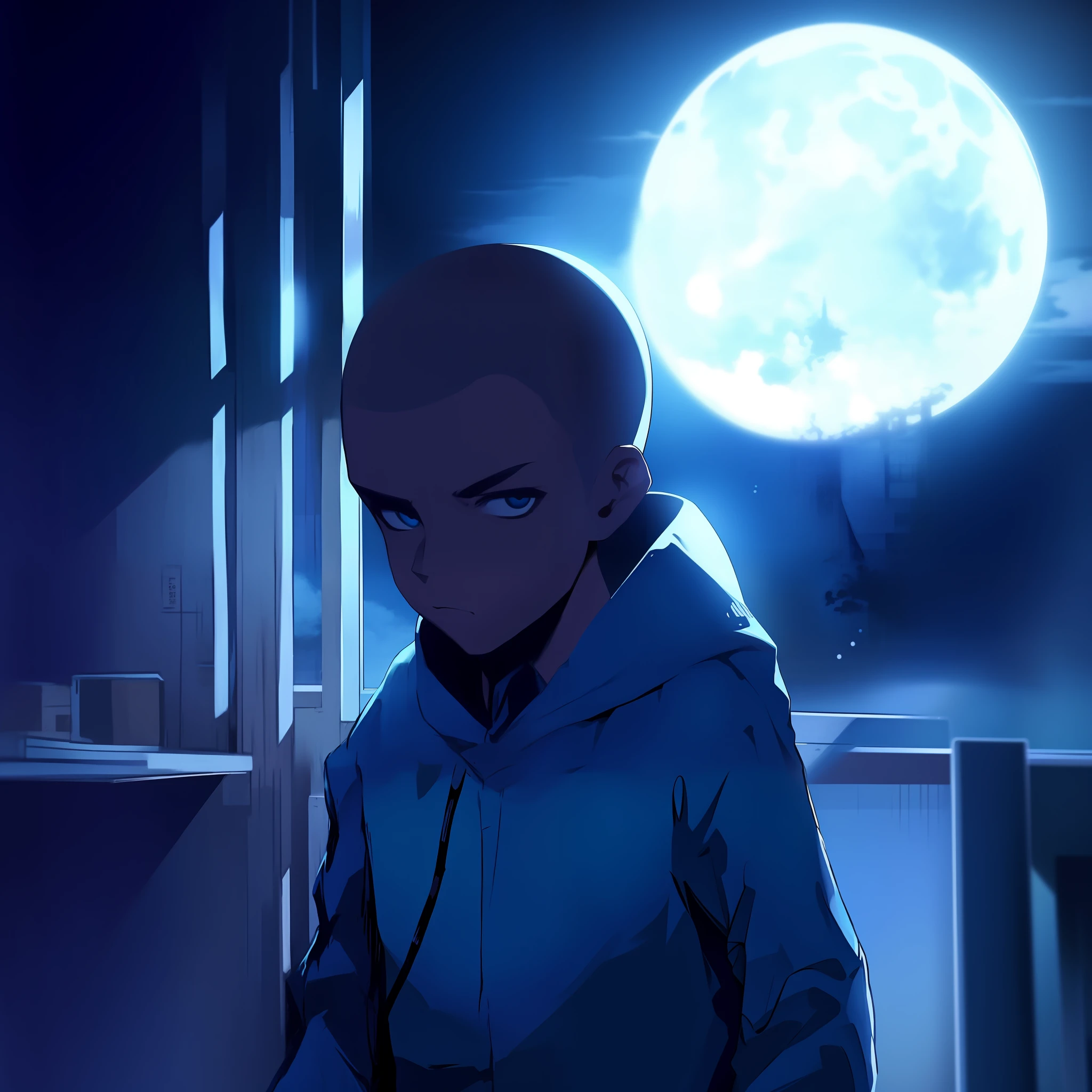 anime boy looking out a window at the moon, anime style”, in the anime film, beautiful!!, handsome guy in demon slayer art, アニメ, official art, moonlight, !!beautiful!!, moon behind him, anime screencap, chilling, inspired by Jean Malouel, eminem, he's very menacing and evil, nighttime!!