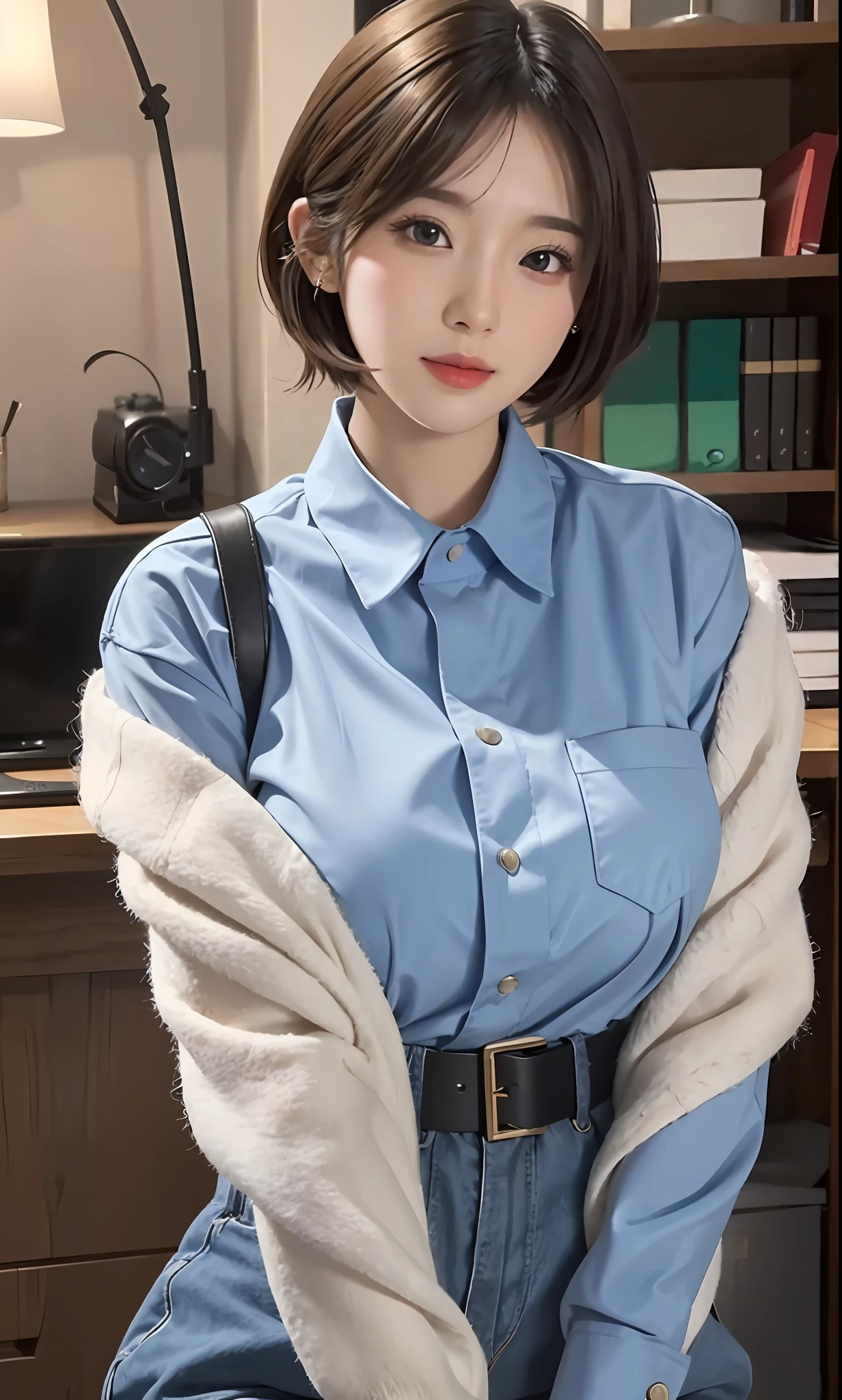 ulzzang-6500-v1.1, (raw photo:1.2), (photorealistic:1.4), beautiful detailed girl, very detailed eyes and face, beautiful detailed eyes, ridiculous, incredibly ridiculous, huge file size, super detailed, high resolution, very detailed, best quality, masterpiece, ((fashion clothing with diverse colors)), illustration, very detailed, CG, unified, 8k wallpaper, amazing, fine detail, masterpiece, best quality, very detailed CG uniform 8k wallpaper, face light, movie lighting, 1girl, 32 years old, short hair, (half), indoor
