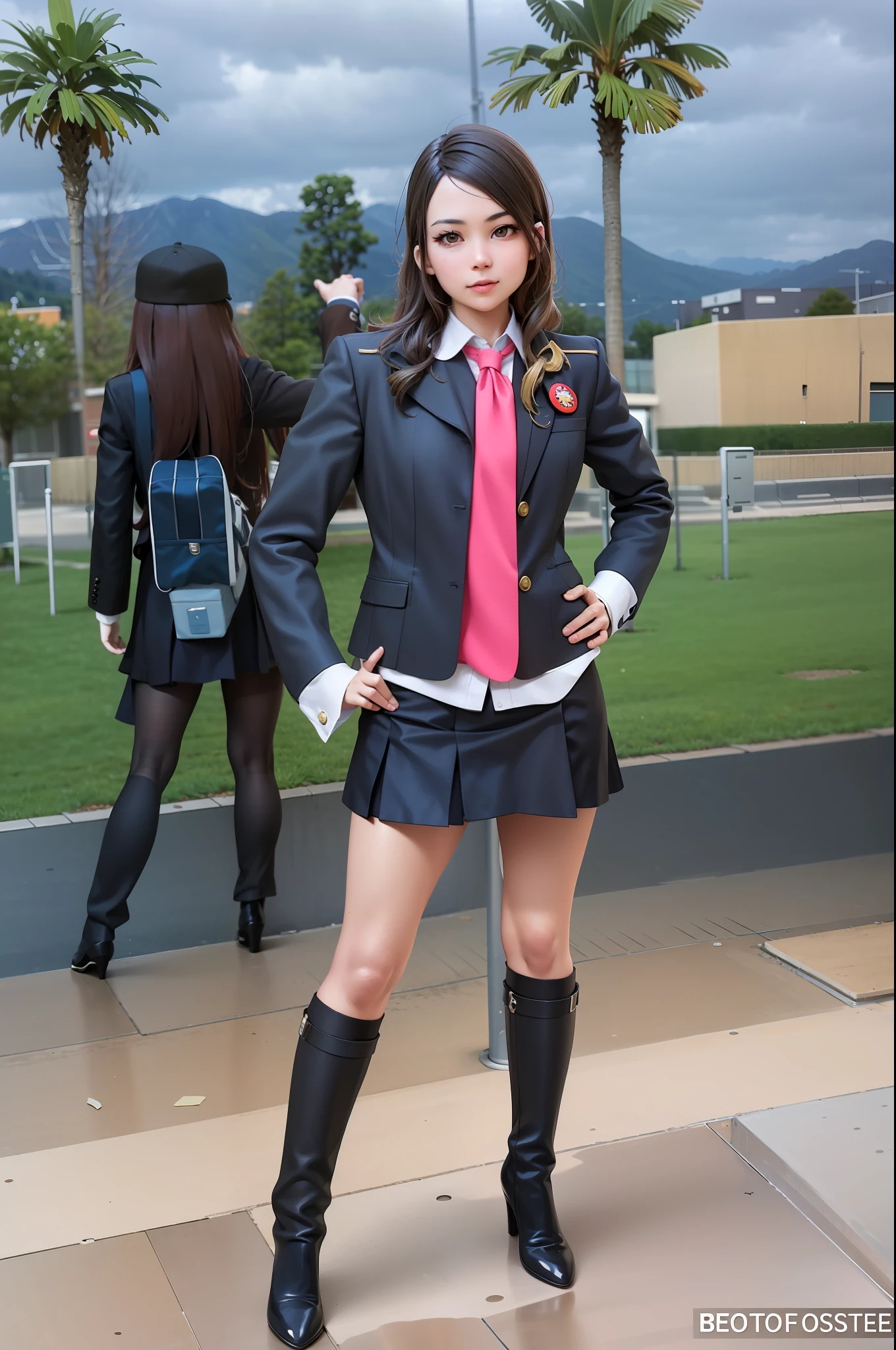 woman in short skirt and jacket posing in front of a window, girl wearing uniform, school girl, of a schoolgirl posing, ayaka cosplay, cosplay, dressed as schoolgirl, jk uniform, wearing school uniform, publicity cosplay, anya from spy x family, girl in suit, in black uniform, wearing headmistress uniform, wearing a school uniform, cyber school girl