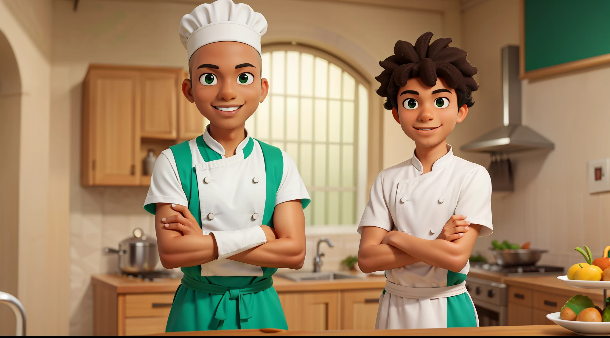 young 18 years ,name Toni, origin brazil, male, afro,shaved hair,nche.wearing a chef outfit smiling with arms crossed background infinite green blurred,cinimetografico,60,30,10