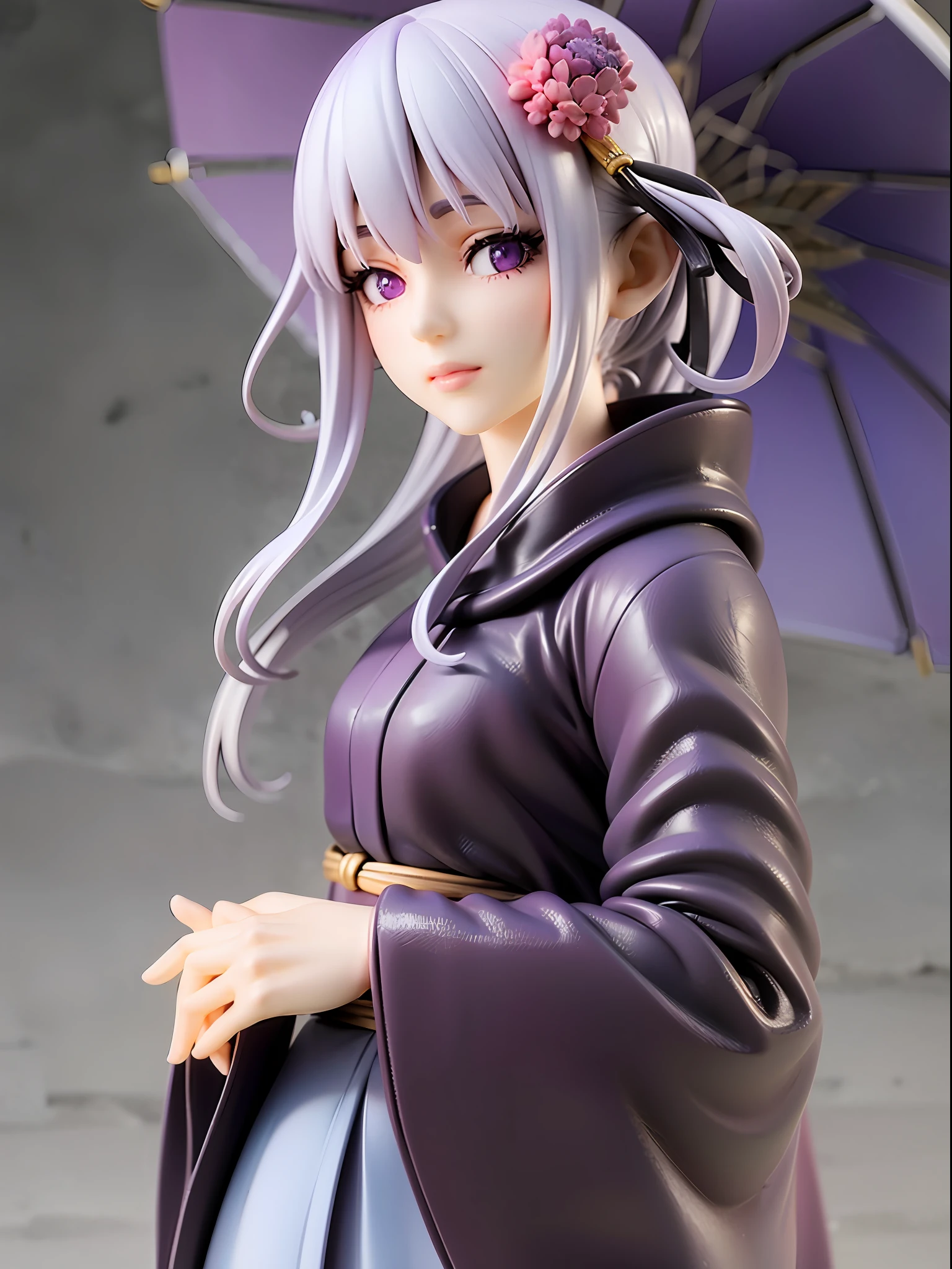 1girl, bright shining purple eyes, melancholic expression, white hair with dark blue tips, dark blue kimono, holding a purple hydrangea, upper body, under a cloudy sky, standing on a cobblestone path, looking afar, holding a traditional Japanese umbrella, outdoor background, [realistic], [3d], (8k, RAW photo, best quality, masterpiece:1.2), ultra high res, photo realistic, professional lighting, detailed lighting, professional photography, high quality, high res, extremely detailed, bloom, depth of field, sketch, sharp focus, soft lighting, detailed, detailed skin, to8contrast style.