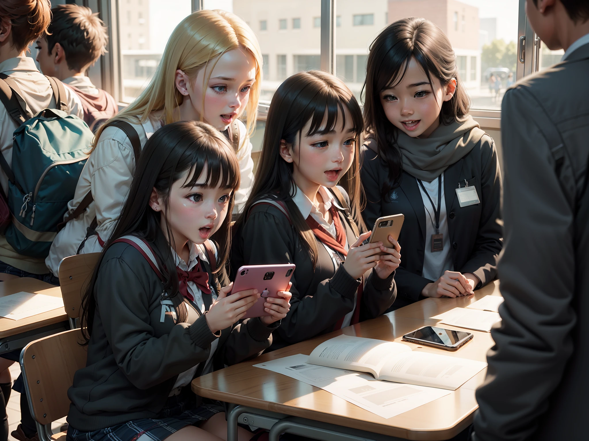 A group of students, excited to look at their phones, in the classroom