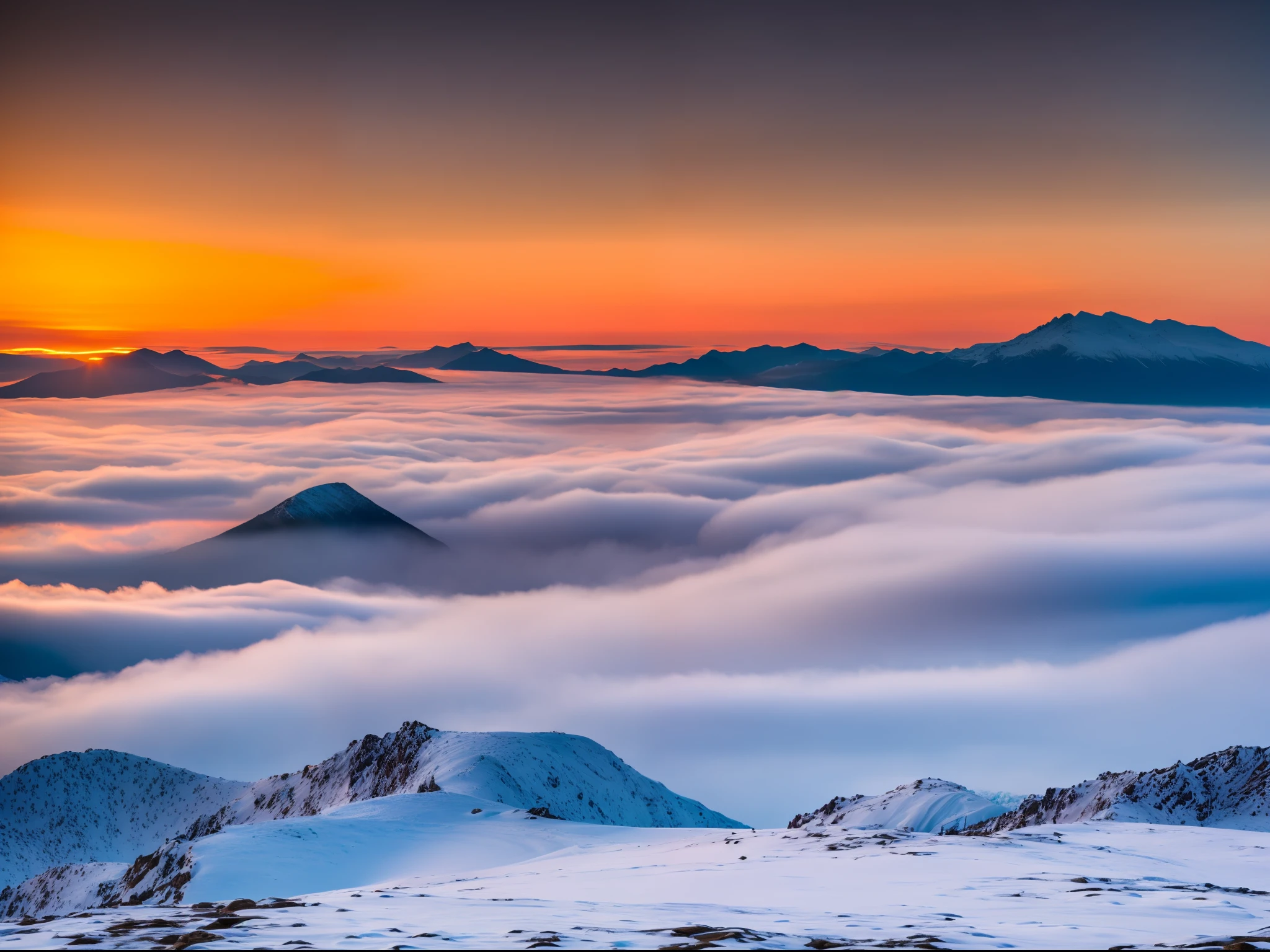 Sunset, snow, mountains, sea of clouds