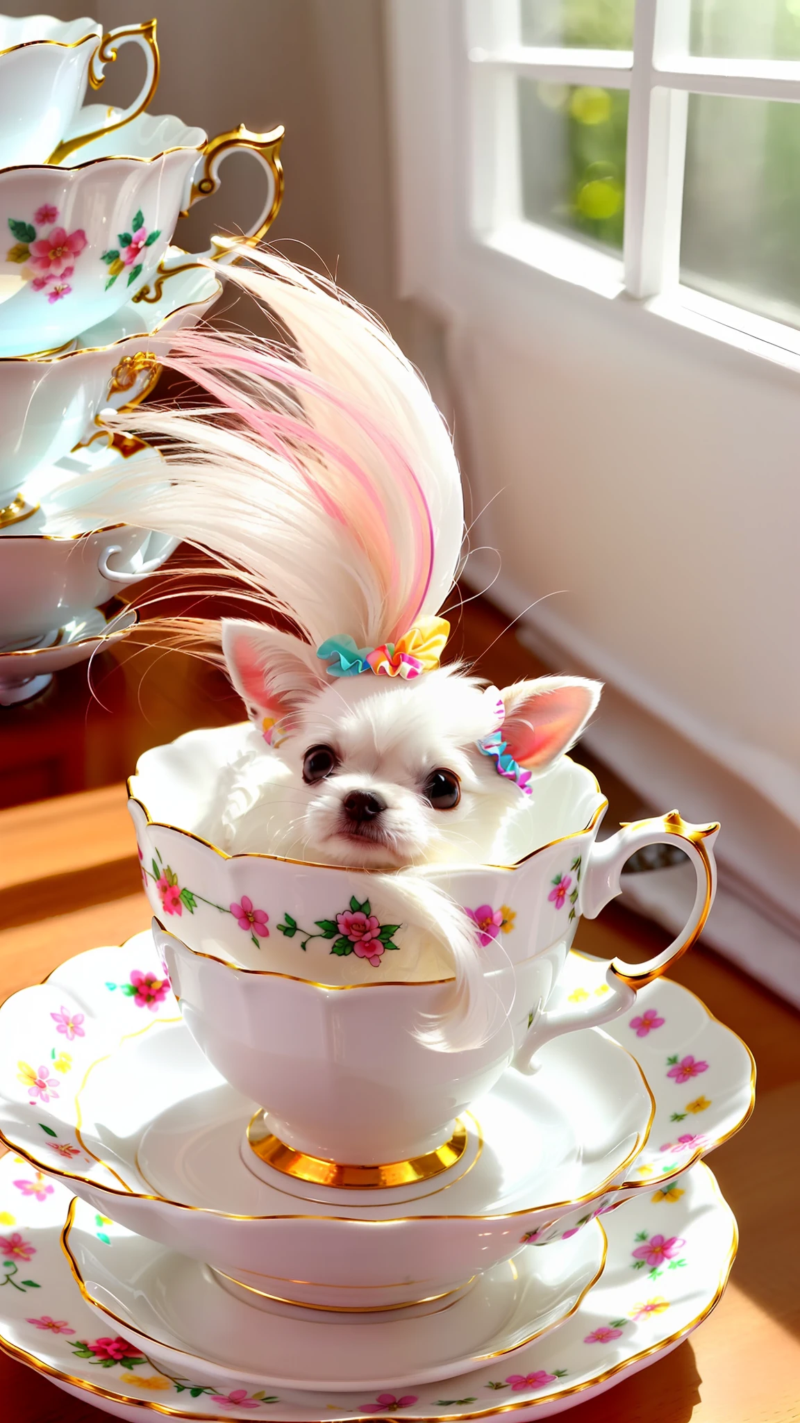 Cute little white Chihuahua in a teacup, big eyes, 8k, delicate, clear, (((real)), paws sticking out of teacup, sticking out tongue, ((cute)), ((small)), professional photographer, professional photography, (((hair is fluffy)), antique and stylish teacups and plates, (face sticking out of teacup), indoors, sunlight, light leak, Reality like photo, ribbon, wearing scrunchies on ears, white, like photo