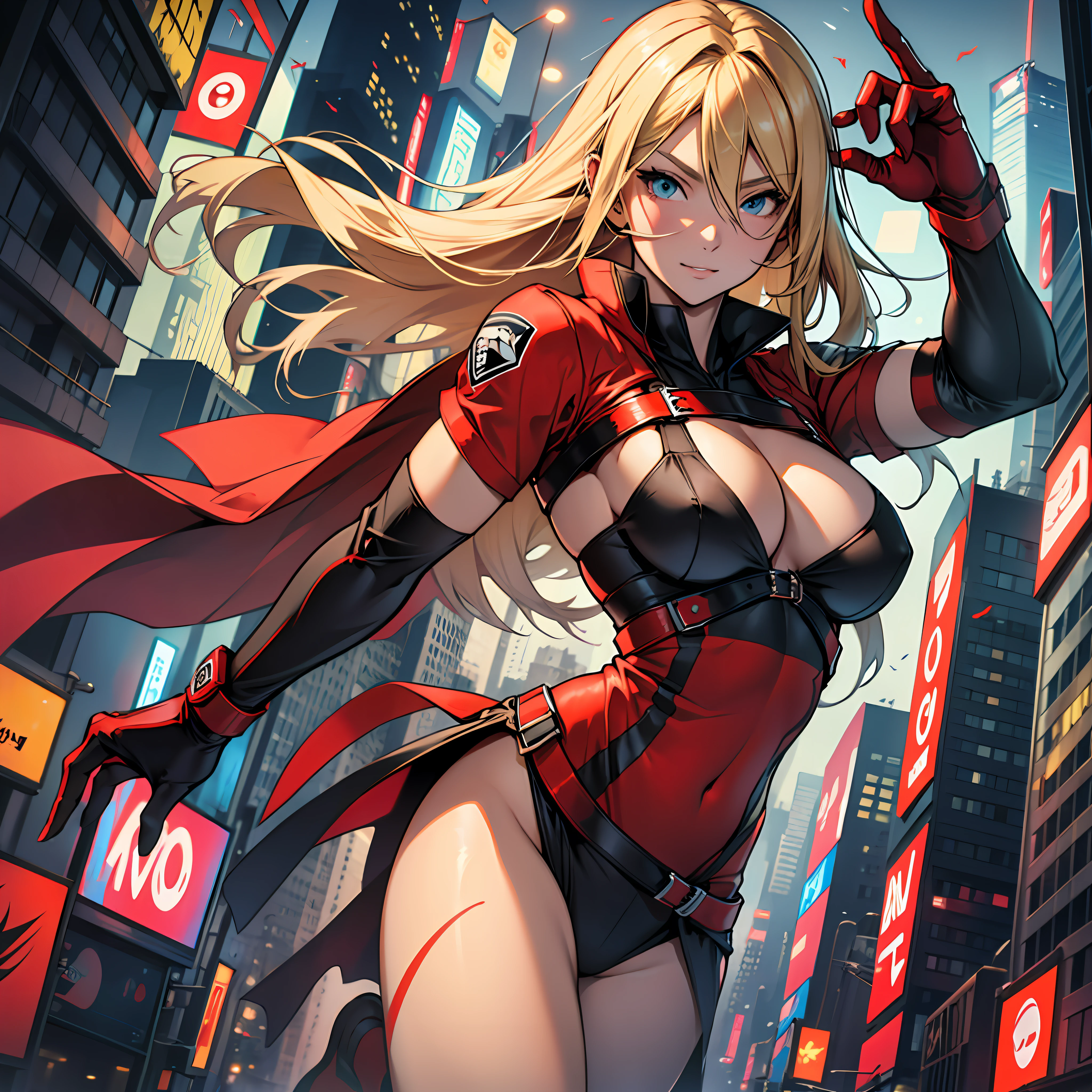 A blond girl in a revealing red ninja costume flies around New York at night. She has 2 arms, 2 legs, 5 fingers, top quality, masterpiece, super high resolution --auto --s2