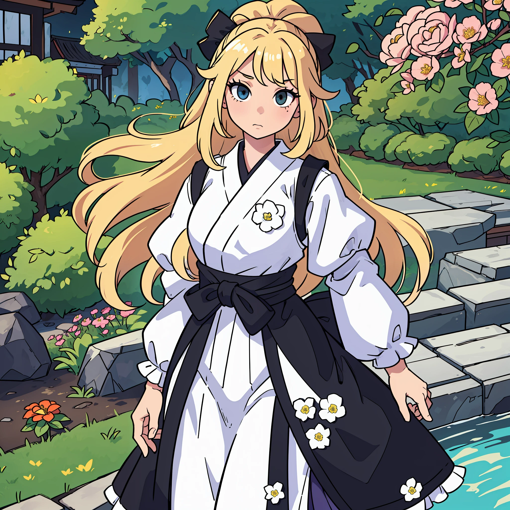A woman who has long blonde hair with two pompoms on the right and left side, has a white skin. she's short. wears a black female Hakama but with details of a garden with several flowers and wears a common white shirt with several other small pompoms wrapped. she's flying like she's an angel, but she's not