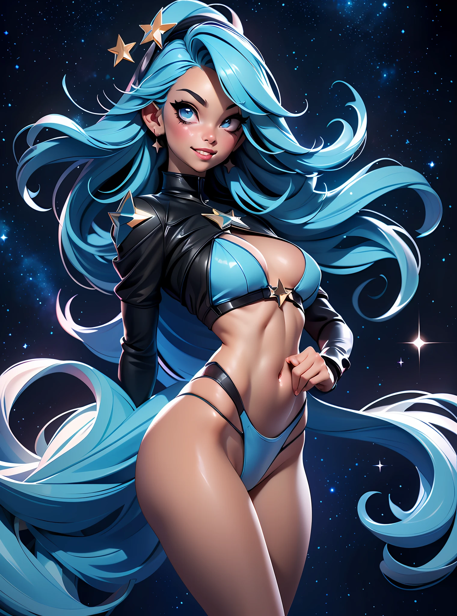 ((Best Quality)), ((Masterpiece)), ((Realistic)) and watercolor drawing of a girl with goth colors. Crotch Angle perspective, laying on her back . She has ((starlight hair)), wears a (black micro-bikini:star motif ) (bare navel) (cameltoe), ((beautiful and aesthetic)), muscular fit body abs, sexy, under-boobs, hot, (star filled sky background) (clear background:1.35), (particles ,firefly, blue glowing):1.3, perspective, embarrassed smile, totally blushed, nervous, looking at the viewer,
