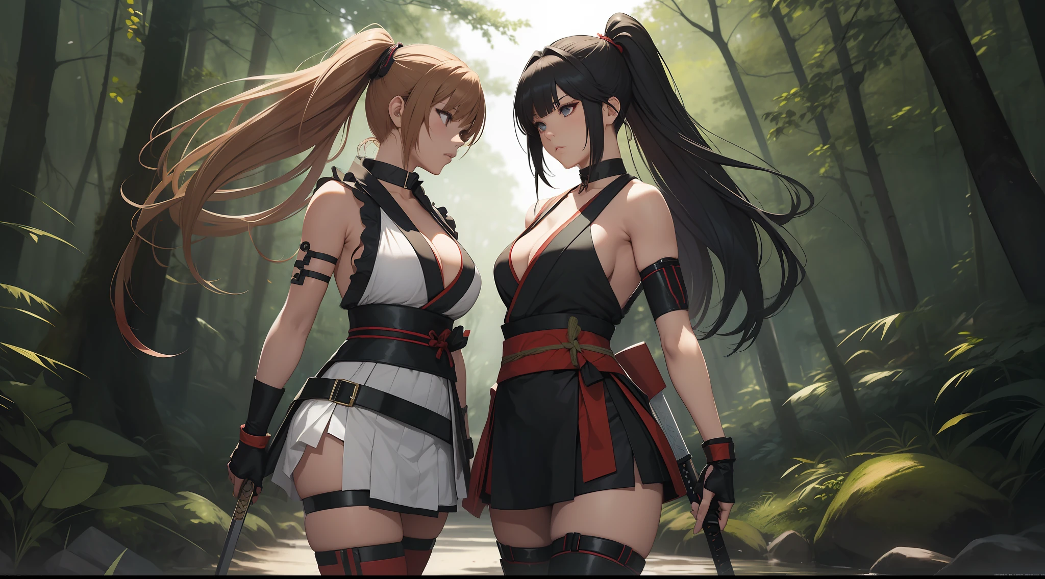 Full body shot of two female character from Dead or Alive game. Kasumi versus Ayame, fighting in a fierce duel death match with weapon short swords, with serious expression. Kasumi looking to Ayane, and Ayane looking to Kasumi. They have long loose hairstyle. They are wearing different color of traditional sleeveless kimono, with a floral print skirt, an obi tied on back hip, a pair of 100% black thigh highs, black shoes, a pair of thin long black elbow gloves, hand guards, and a choker. Background set in a dark forest.