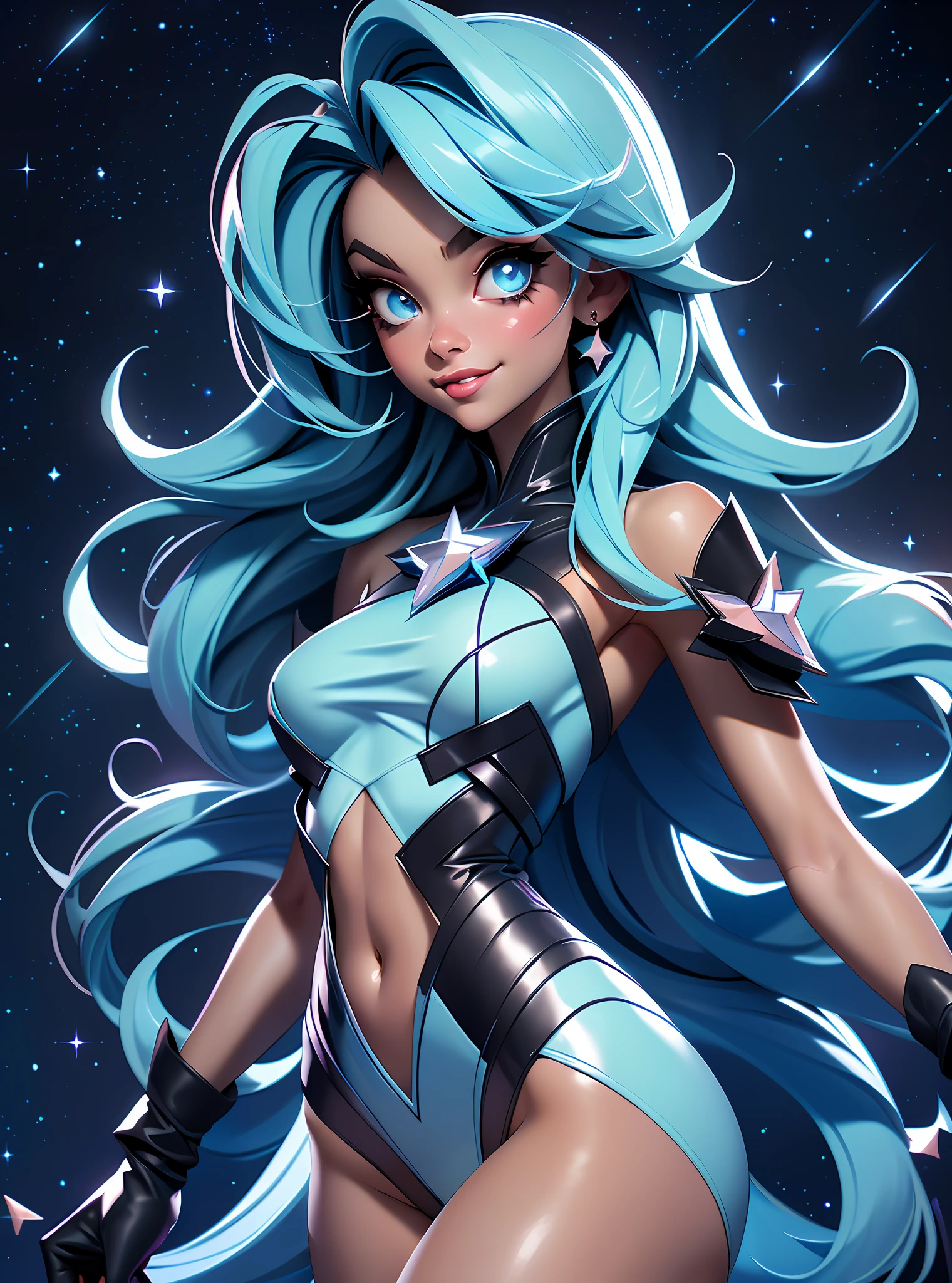 ((Best Quality)), ((Masterpiece)), ((Realistic)) and watercolor drawing of a girl with goth colors. Crotch Angle perspective, laying on her back . She has ((starlight hair)), wears a (black micro-bikini:star motif ) (bare navel) (cameltoe), ((beautiful and aesthetic)), muscular fit body abs, sexy, under-boobs, hot, (star filled sky background) (clear background:1.35), (particles ,firefly, blue glowing):1.3, perspective, embarrassed smile, totally blushed, nervous, looking at the viewer,