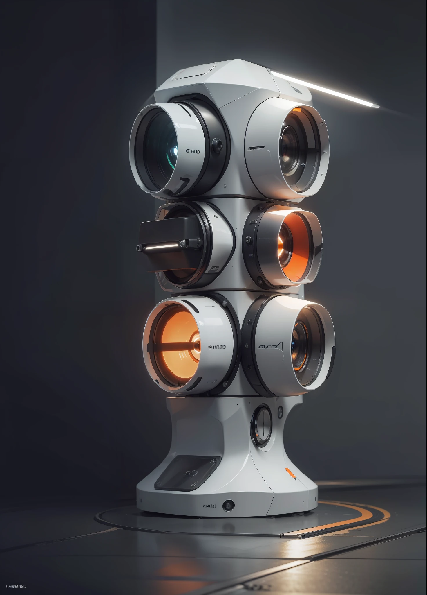 a white plastic producr design of traffic lights with three orange lights, (masterpiece), (best quality), photorealistic, 8k raw photo, ultra high res, mechanics, mechanical parts, product photo, studio shot, complex lighting, dark grey background studio