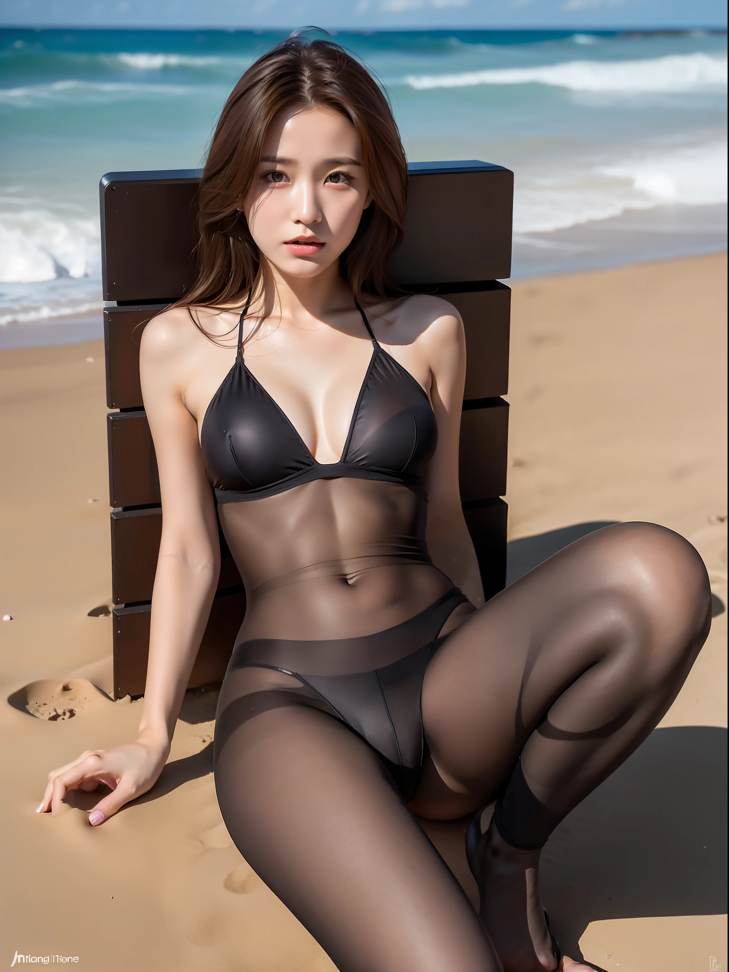 8K, RAW photo,high quality, realistic, professional lighting, face lighting, full body,  woman, brown hair, brown eyes, small head, perfect chest shape, beautiful eyes, real face, real skin, textured skin, erotic, pantyhose, on the beach, tease