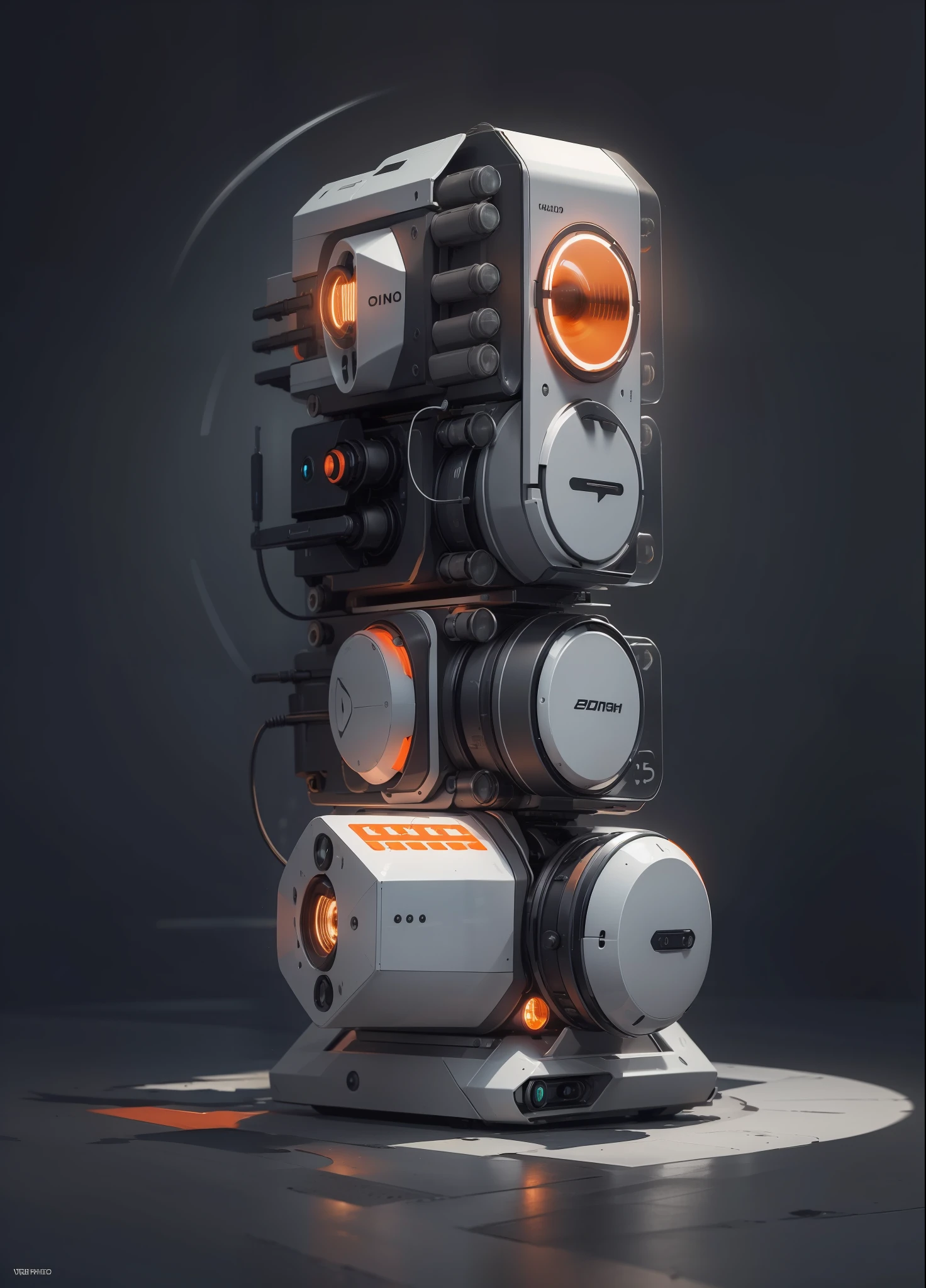 a white plastic producr design of traffic lights with three orange lights, (masterpiece), (best quality), photorealistic, 8k raw photo, ultra high res, mechanics, mechanical parts, product photo, studio shot, complex lighting, dark grey background studio