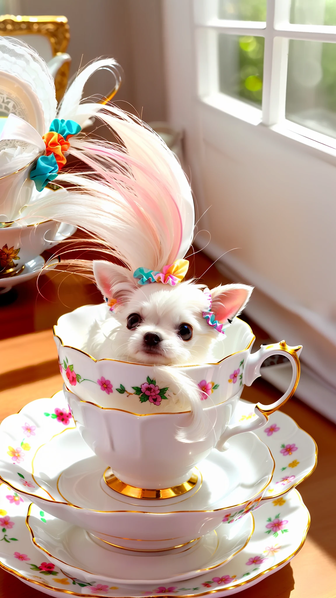 Cute little white Chihuahua in a teacup, big eyes, 8k, delicate, clear, (((real)), paws sticking out of teacup, sticking out tongue, ((cute)), ((small)), professional photographer, professional photography, (((hair is fluffy)), antique and stylish teacups and plates, (face sticking out of teacup), indoors, sunlight, light leak, Reality like photo, ribbon, wearing scrunchies on ears, white, like photo