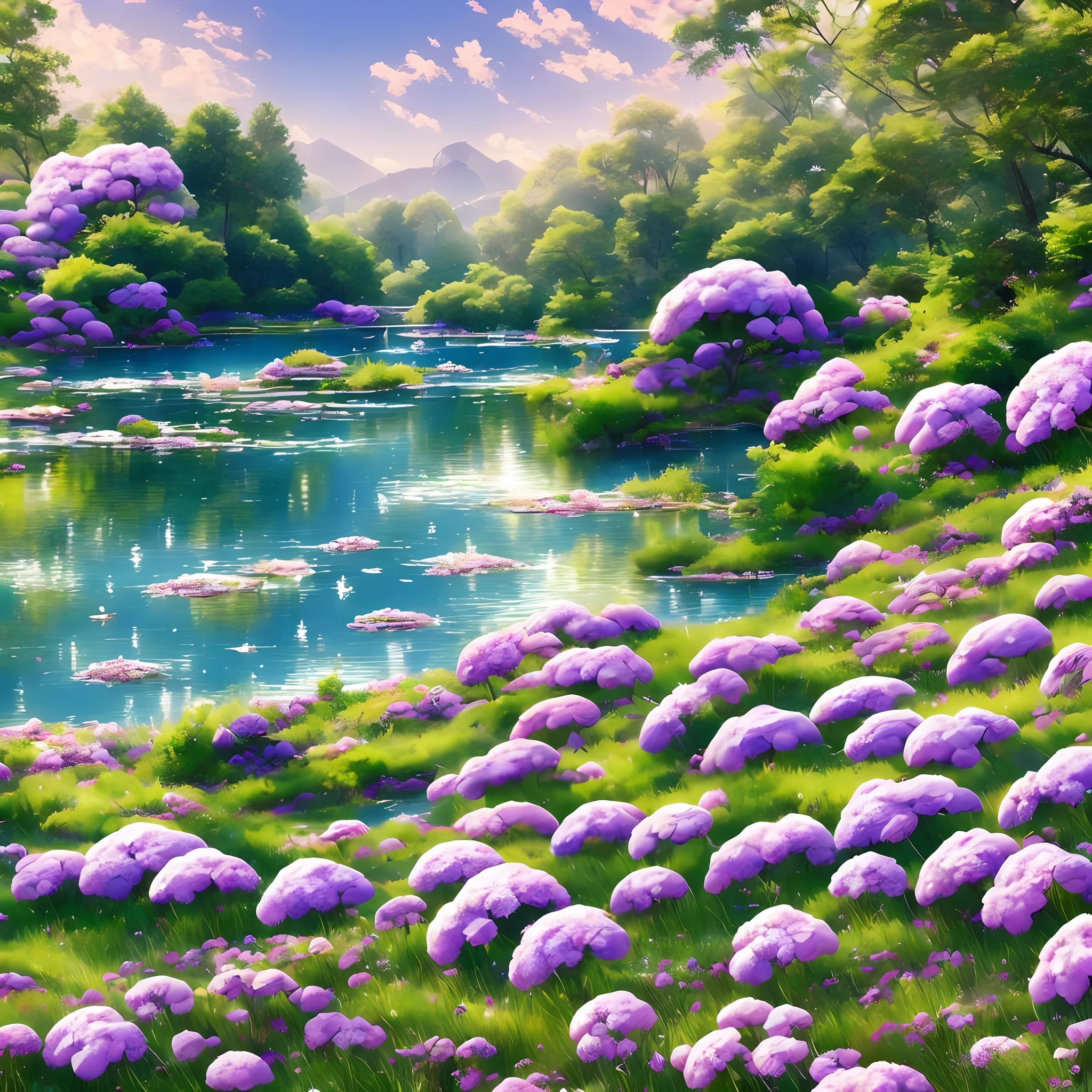 Hydrangeas, park, lake, small hill, pebble path, masterpiece, best quality, anatomically correct, high details, 8K, wallpaper --auto --s2