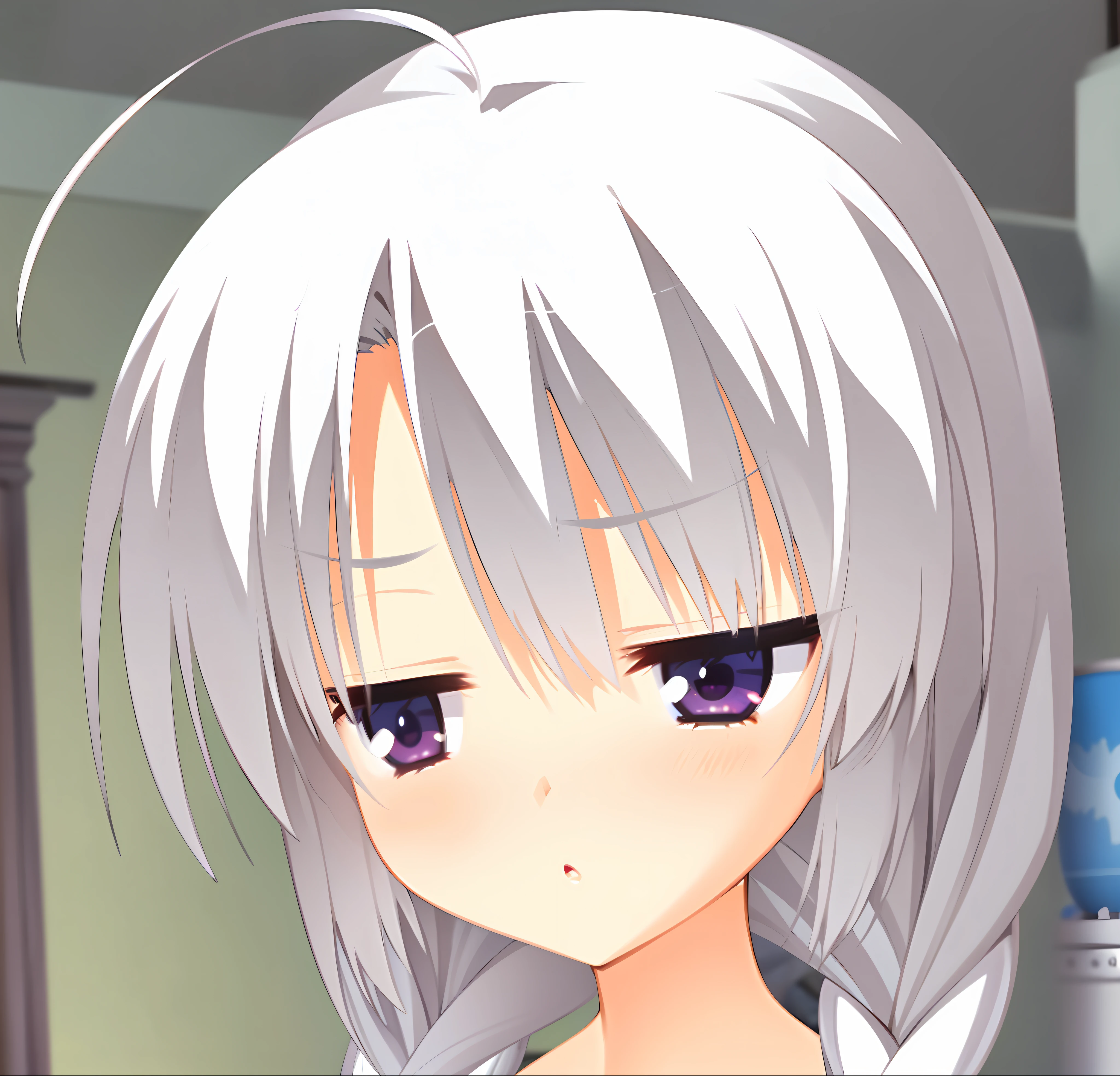 anime girl with white hair and black eyes in a room, detailed anime soft face, senko-san, smooth anime cg art, anime moe artstyle, cute anime face, extremely cute anime girl face, semi realistic anime, cute natural anime face, white haired, silver haired, gray haired, white haired deity, soft anime illustration, made with anime painter studio