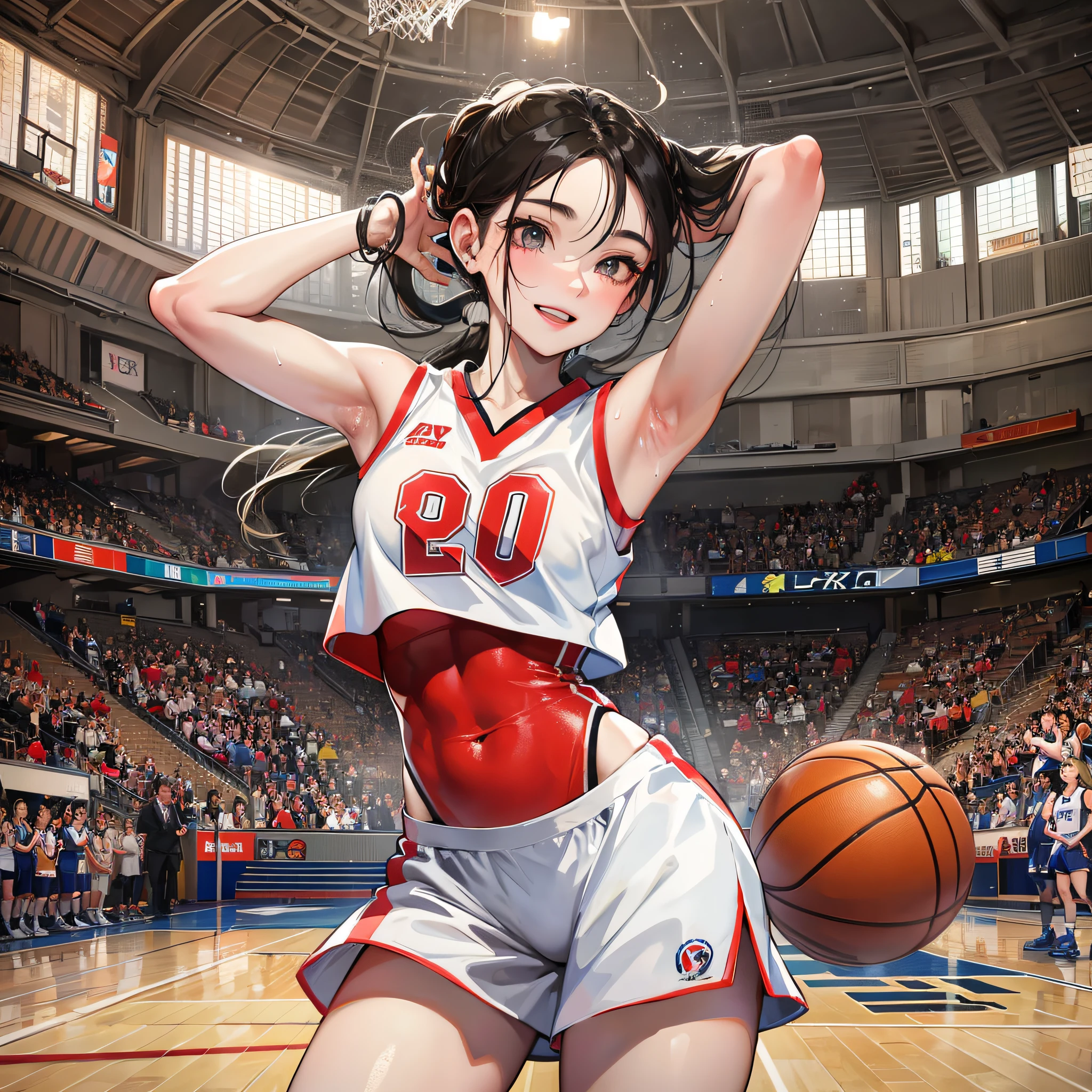 Basketball baby sweating on the basketball court, wearing basketball uniform, flowing hair, smiling, abs, is a beautiful female player, game style. --auto --s2