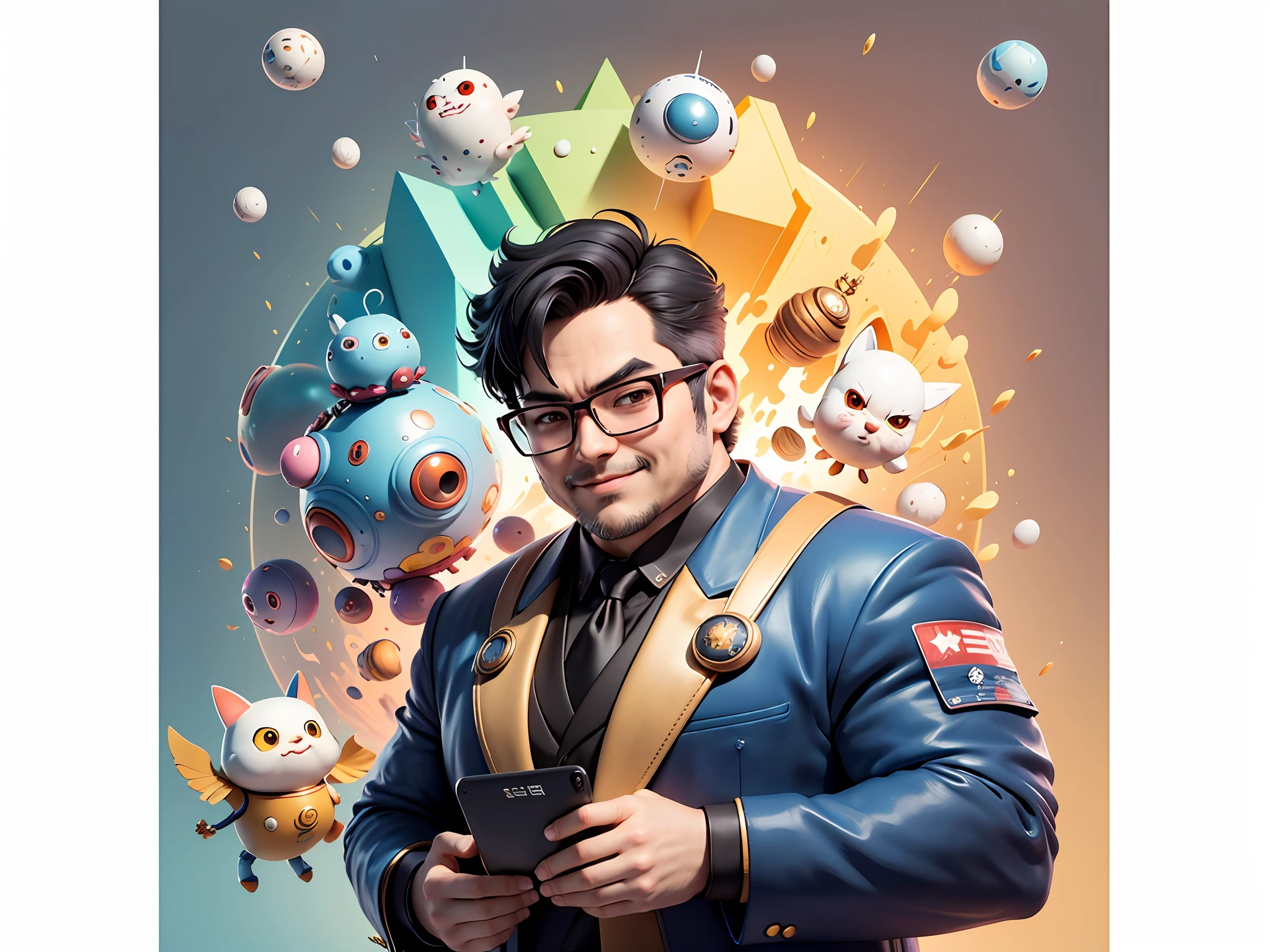 Masterpiece), (Excellent), (Super Meticulous), (Full Body: 1.2), Super Young Woman, Beautiful, Sexy, Bursting, Oriental Face, TV Anchor, Bust Portrait Illustration, Alone, Black Suit, Blue Tie, Silver Glasses, Slightly Chubby Face, Very Clean Face, No Beard, Black Super Short Hair, Black Eyes, Confident Smile, 3c Computer Sub-Products, iPad, iPhone, Digital Painting, 3D Character Design by Akira Toriyama with Mark Claireden and Pixar and Hayao Miyazaki, The illustration is a high-definition illustration in 4K resolution with very detailed facial features and cartoon-style visuals.