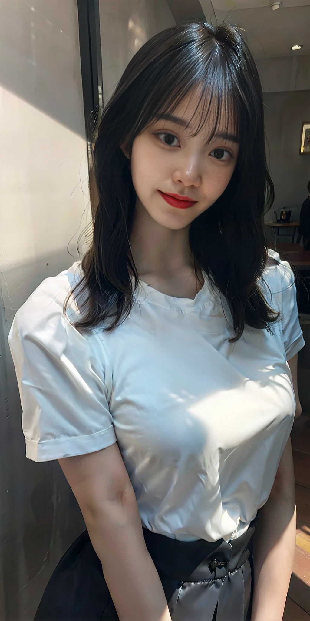 best quality, masterpiece, (photorealistic:1.4), 1girl, light smile, shirt with collars, waist up, dramatic lighting, from below.
