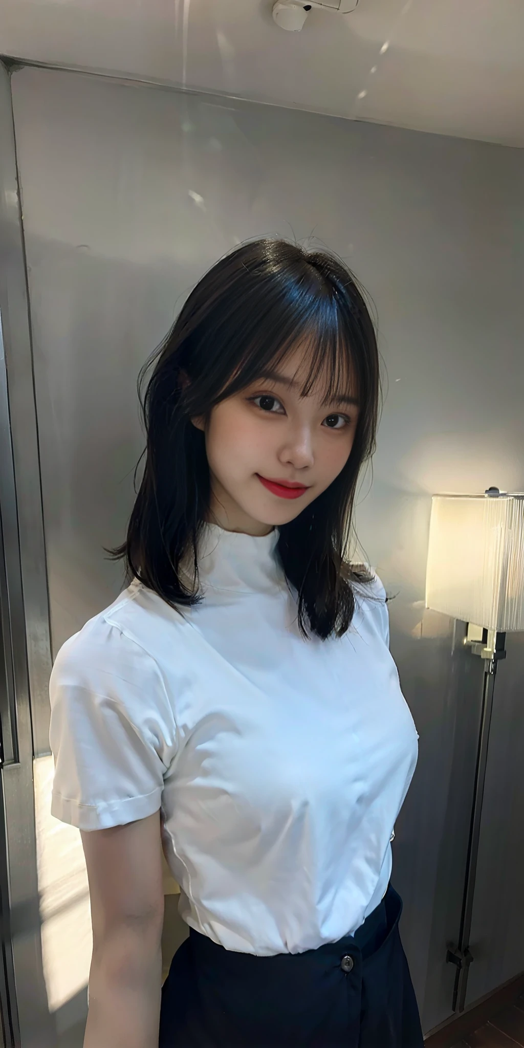 best quality, masterpiece, (photorealistic:1.4), 1girl, light smile, shirt with collars, waist up, dramatic lighting, from below.